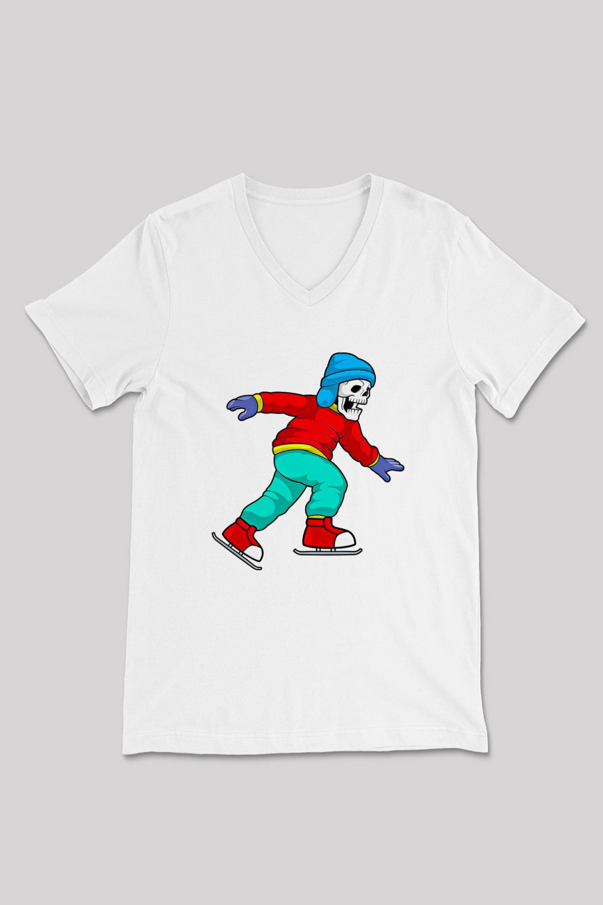 Buz Pateni Baskılı Unisex V Yaka Tişört - Tshirt
