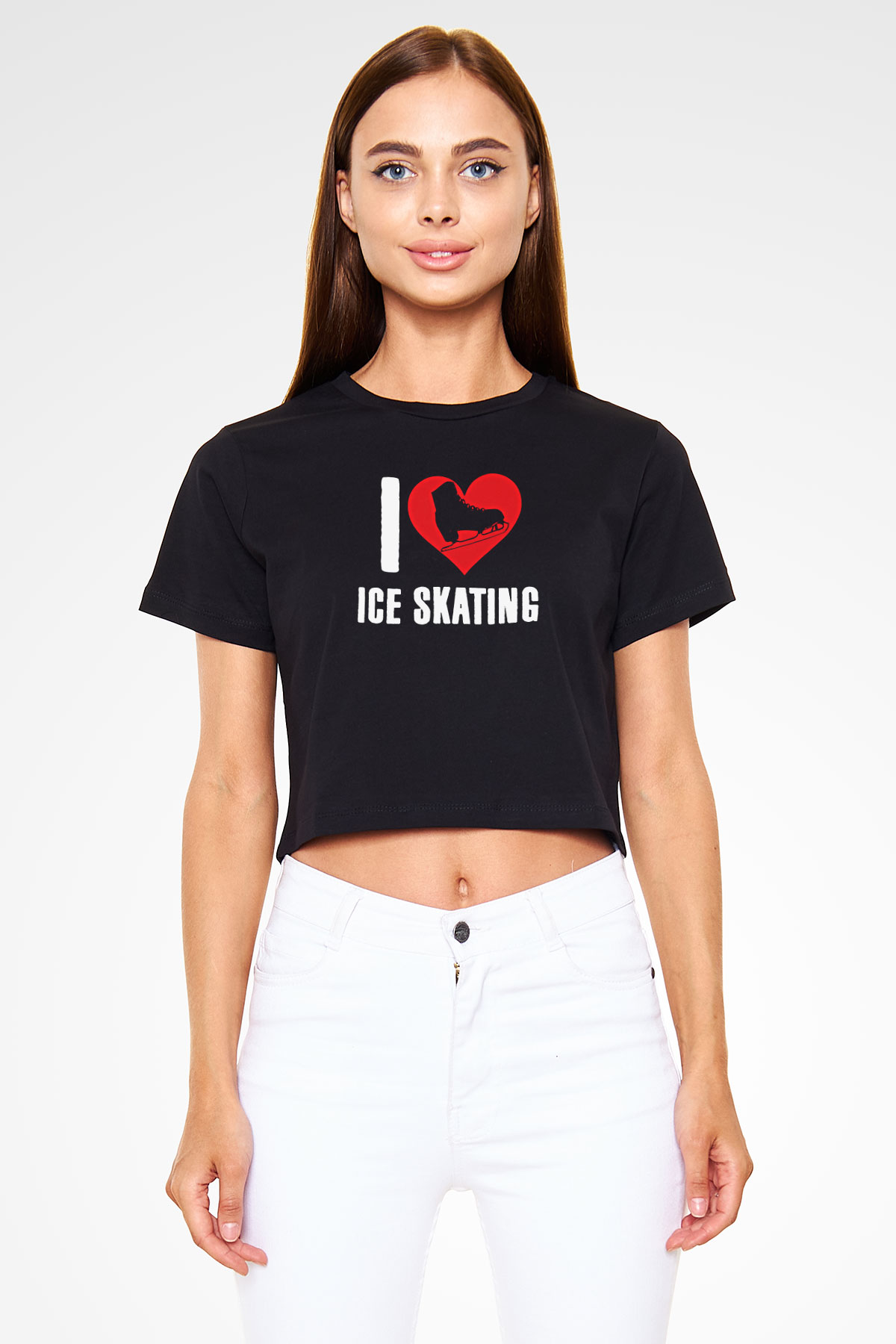 Buz Pateni - Ice skating Baskılı Crop Top Siyah Kadın Tişört - Tshirt