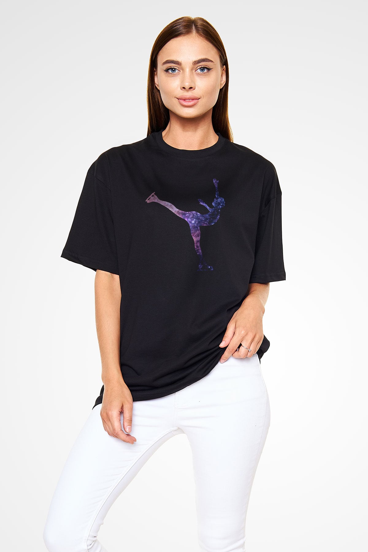Buz Pateni - Ice skating Baskılı Unisex Siyah Oversize Tişört
