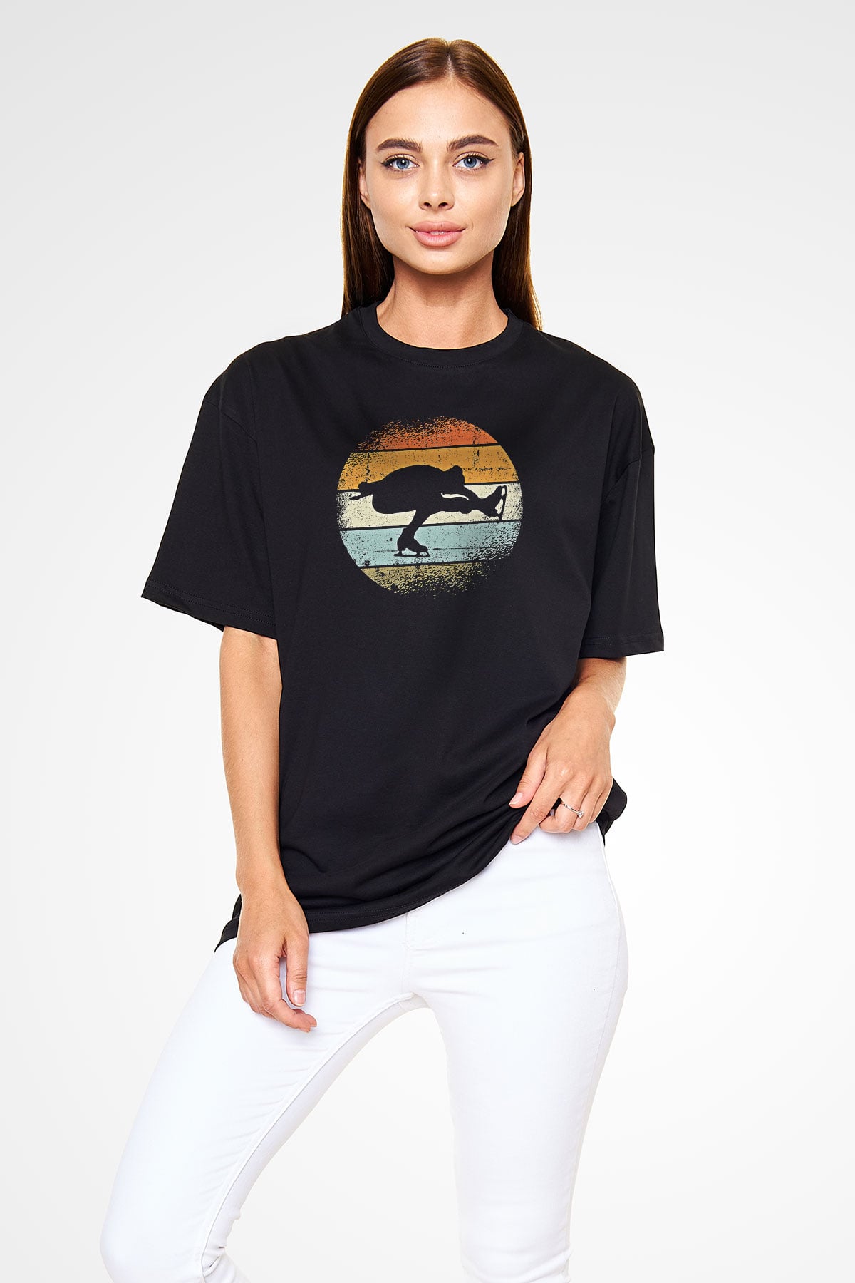 Buz Pateni - Ice skating Baskılı Unisex Siyah Oversize Tişört