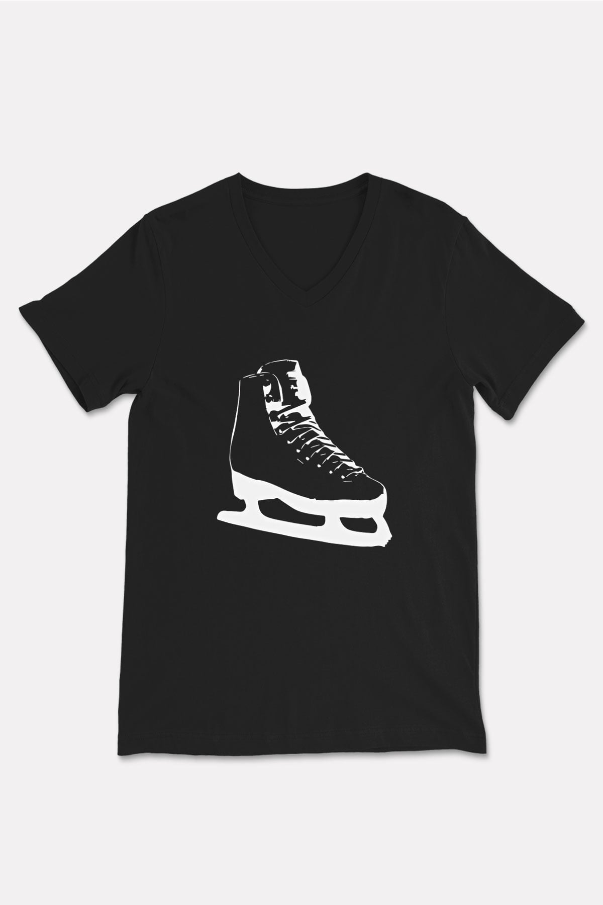 Buz Pateni - Ice skating Baskılı Unisex Siyah V Yaka Tişört