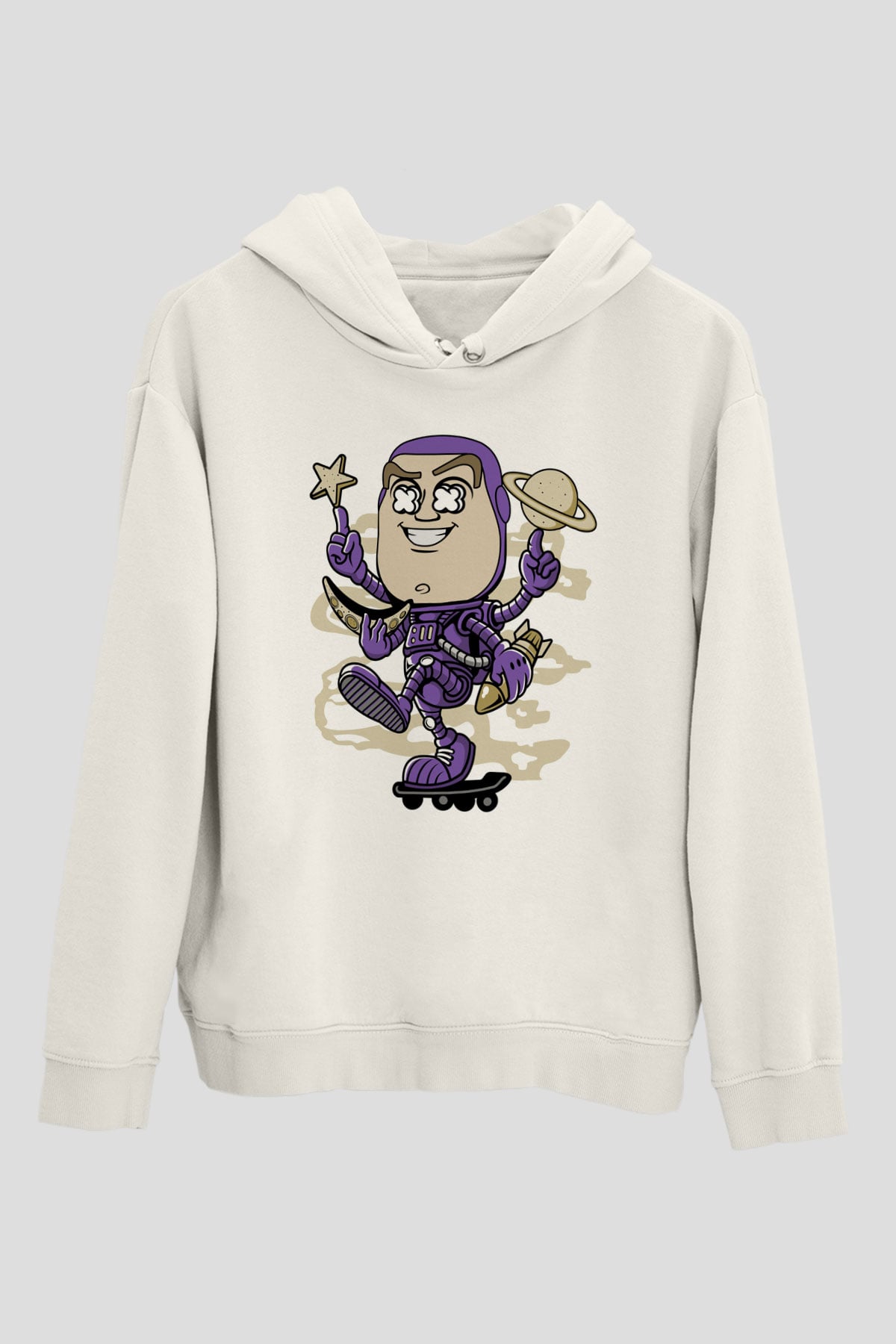 Buzz Skateboard Baskılı Unisex Beyaz Hoodie