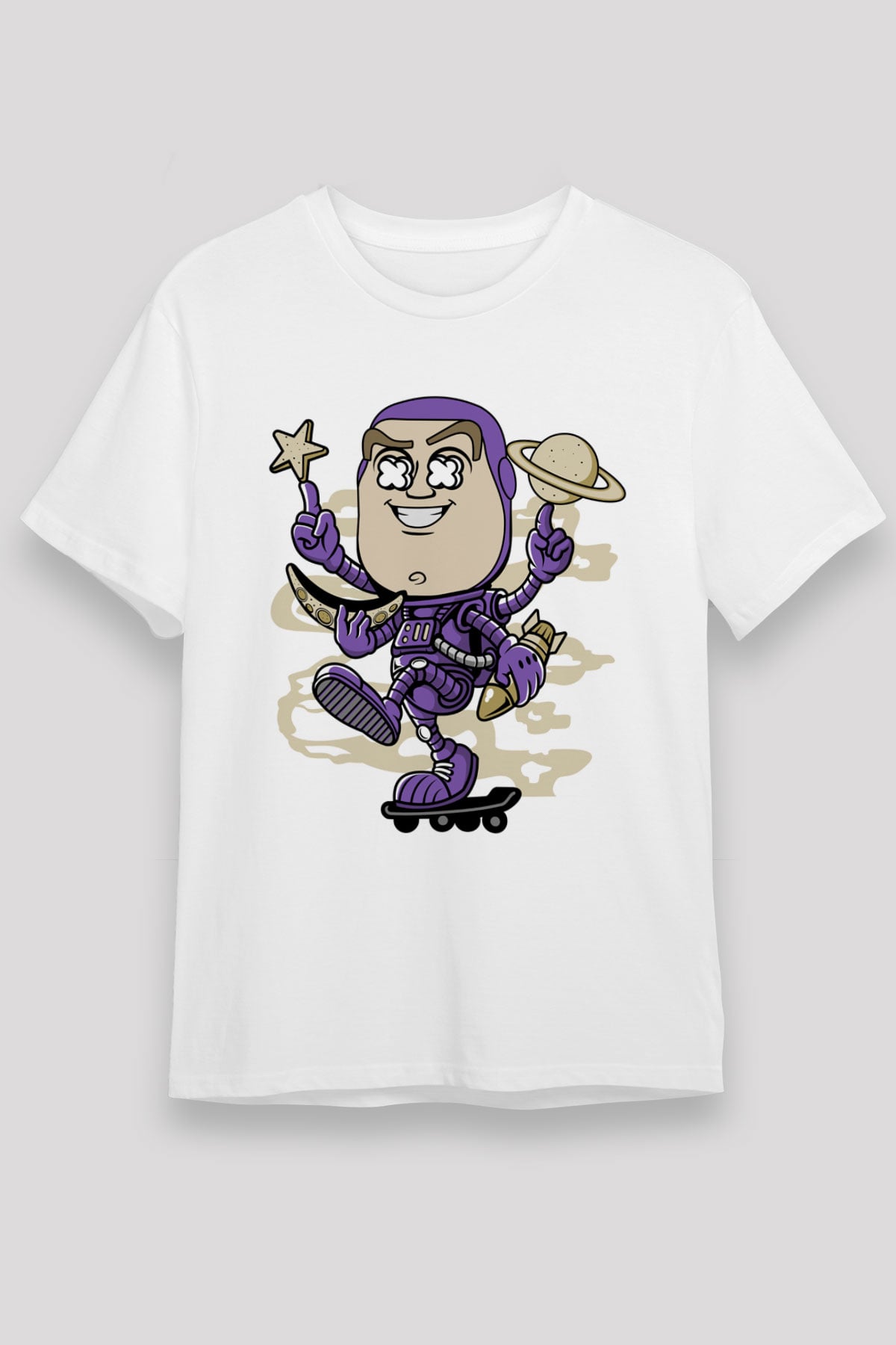 Buzz Skateboard Baskılı Unisex Beyaz Tişört
