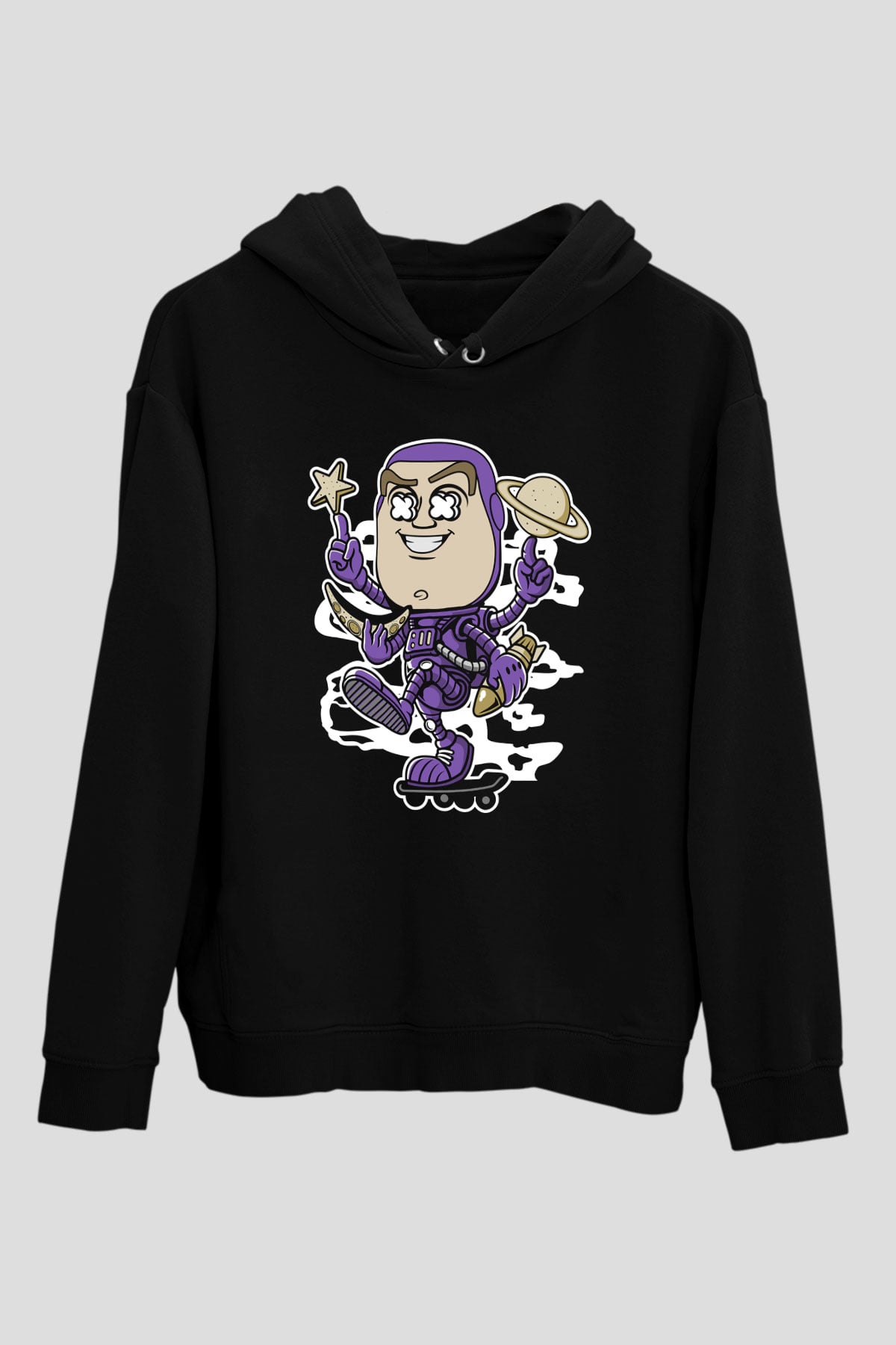 Buzz Skateboard Baskılı Unisex Siyah Hoodie