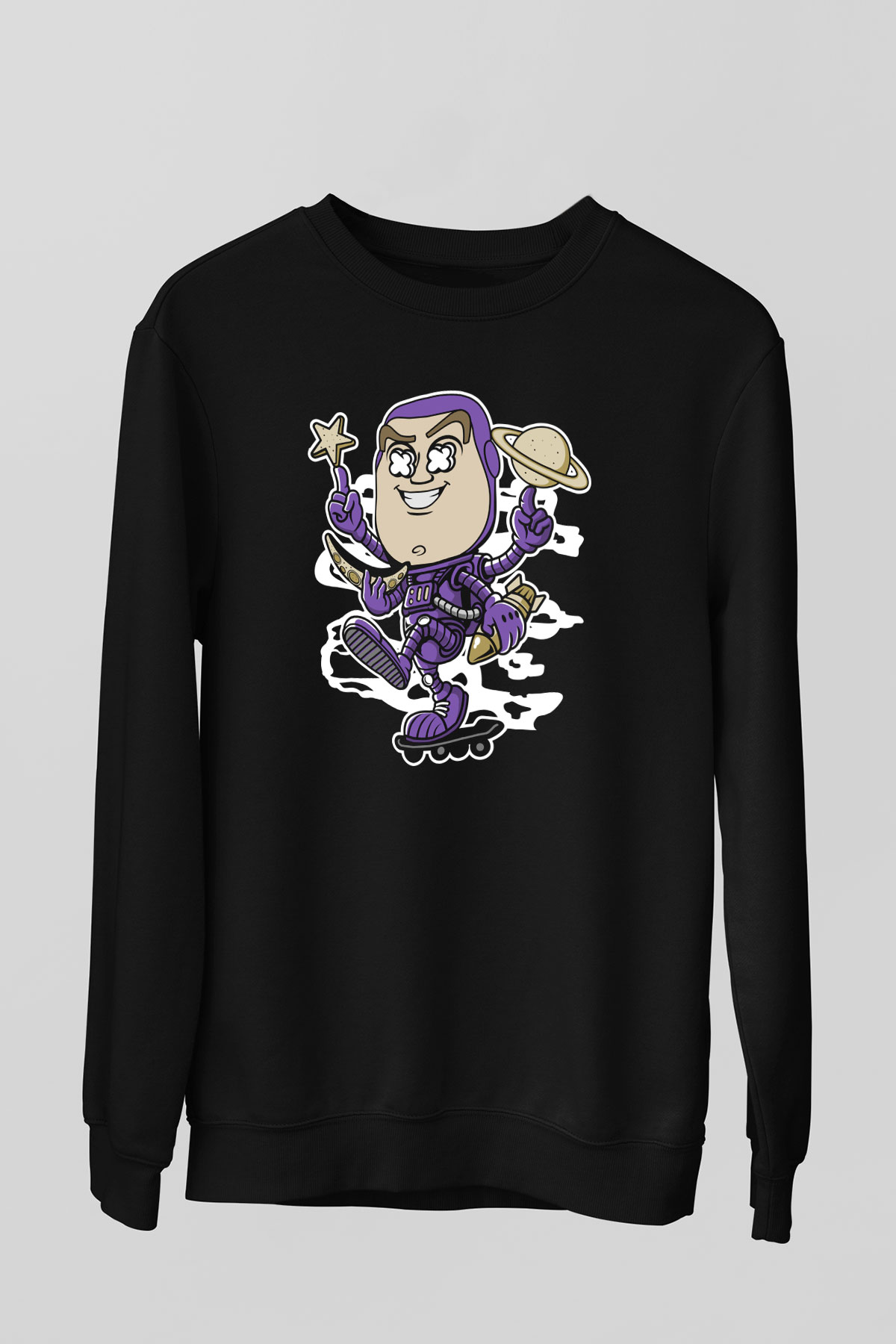 Buzz Skateboard Baskılı Unisex Siyah Sweatshirt