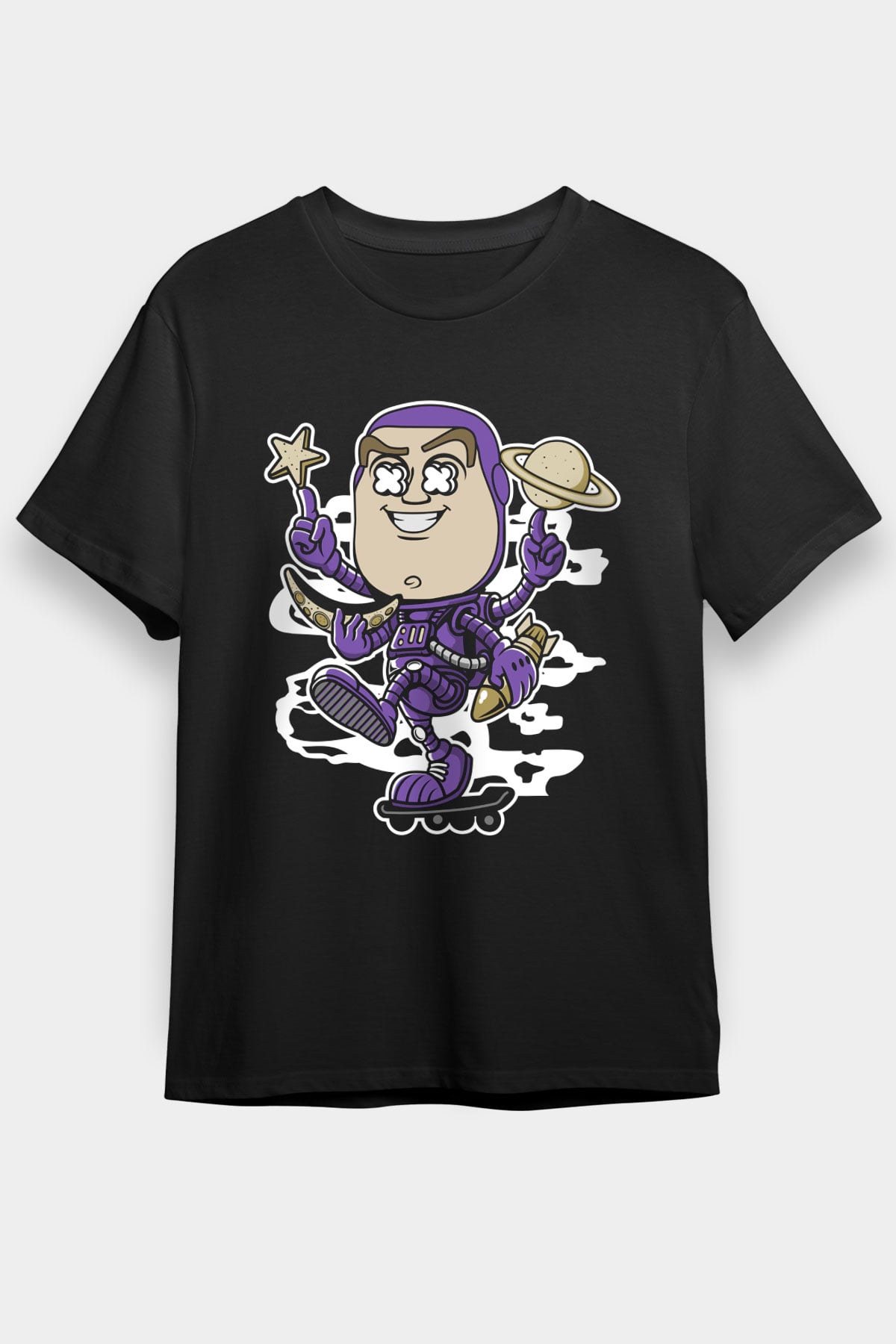 Buzz Skateboard Baskılı Unisex Siyah Tişört