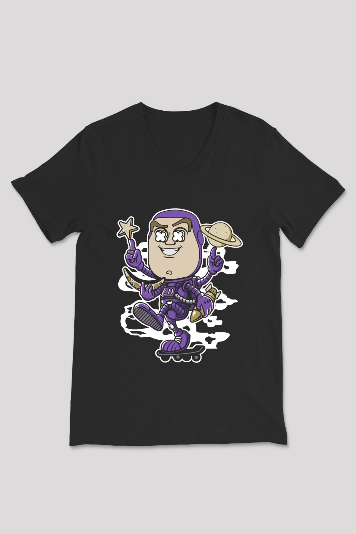 Buzz Skateboard Baskılı Unisex Siyah V Yaka Tişört