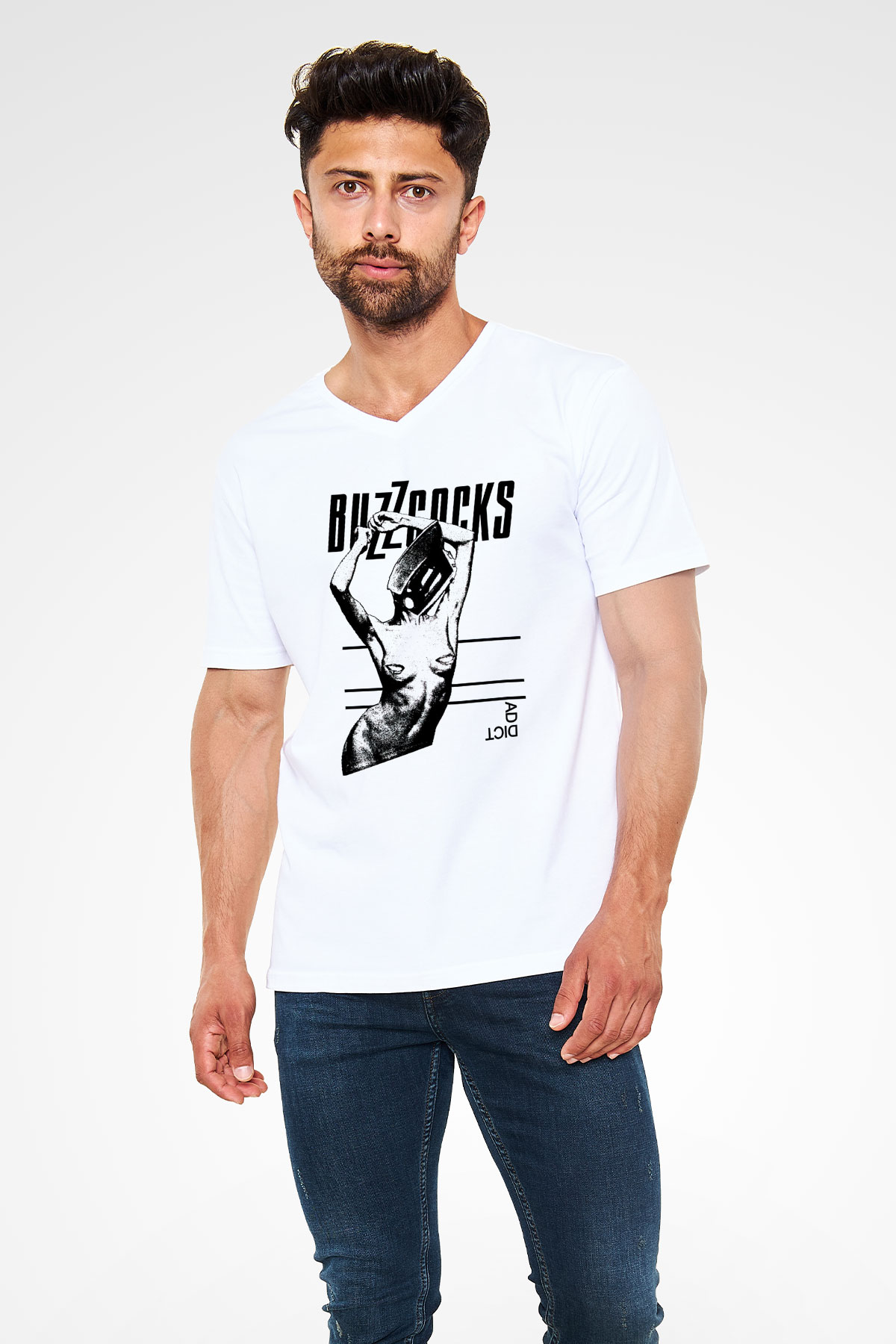 Buzzcocks Beyaz Unisex V Yaka Tişört
