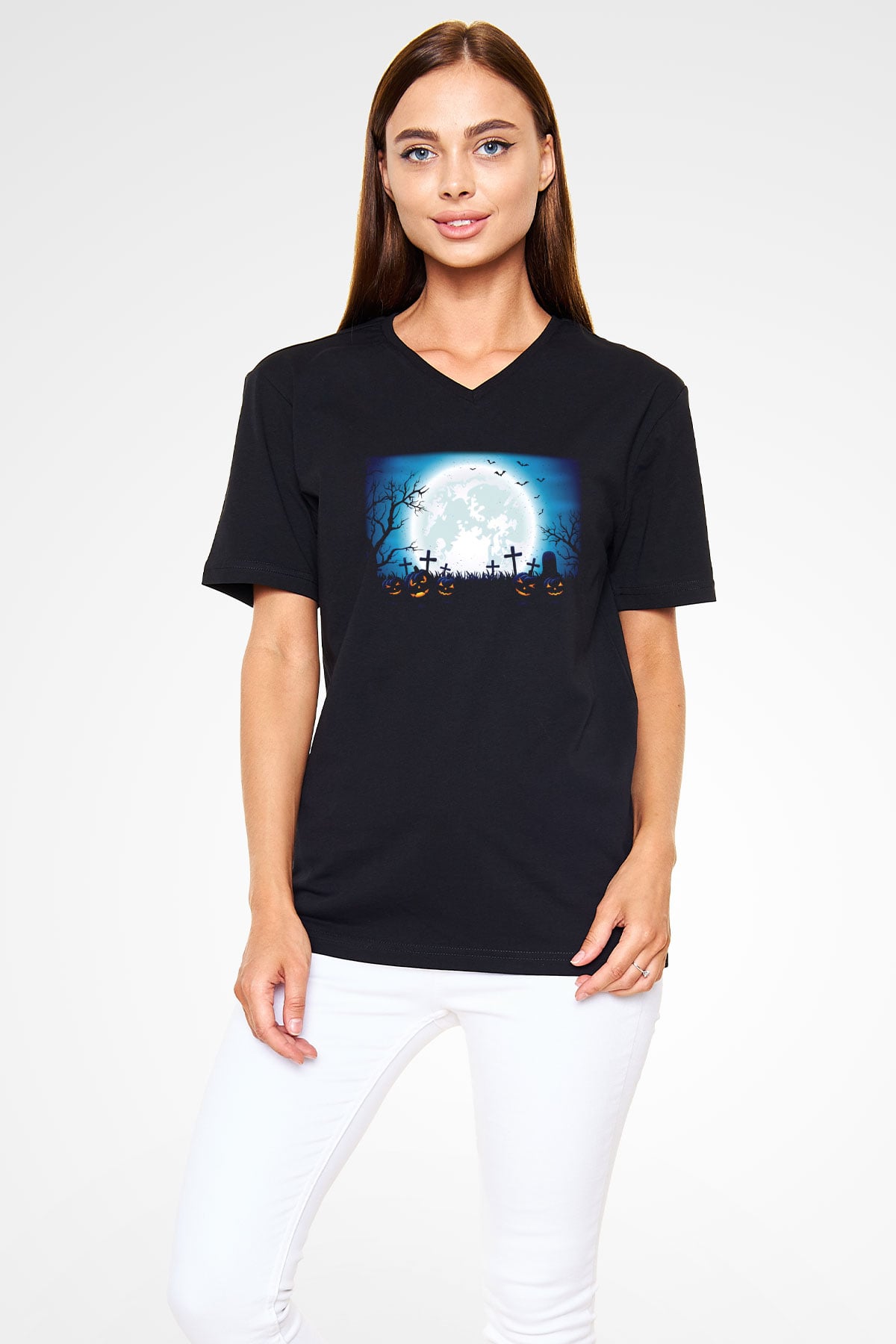 Cadılar Bayramı-Halloween Siyah Unisex V Yaka Tişört T-Shirt
