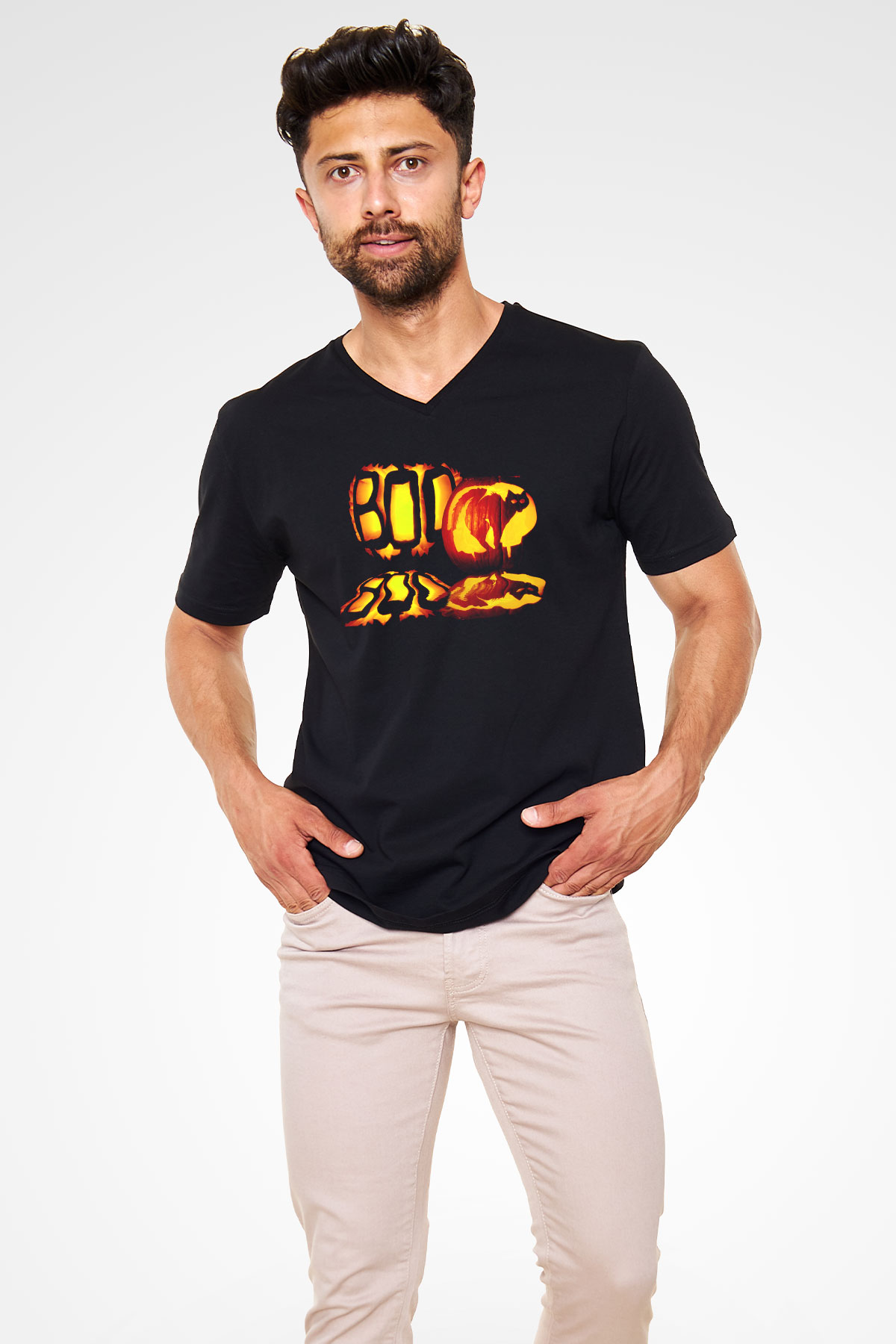 Cadılar Bayramı-Halloween Siyah Unisex V Yaka Tişört T-Shirt