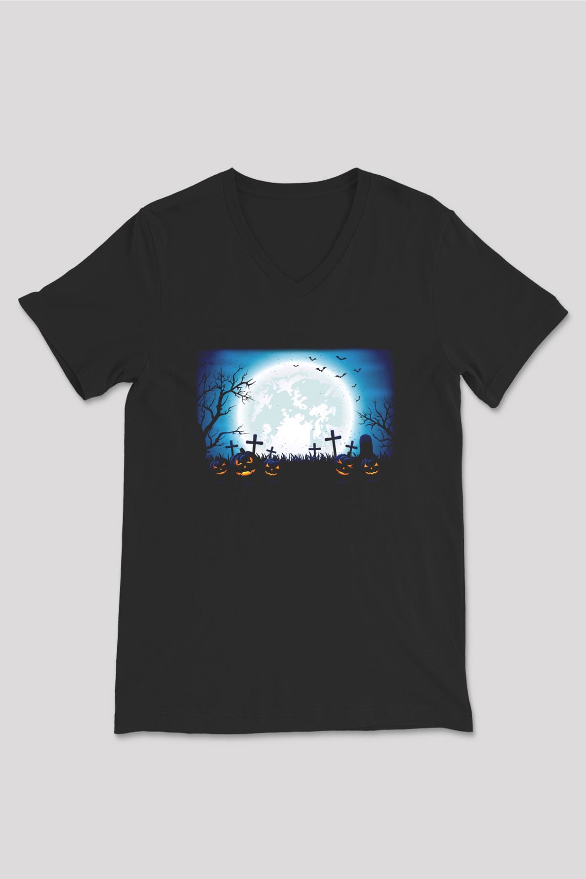 Cadılar Bayramı-Halloween Siyah Unisex V Yaka Tişört T-Shirt