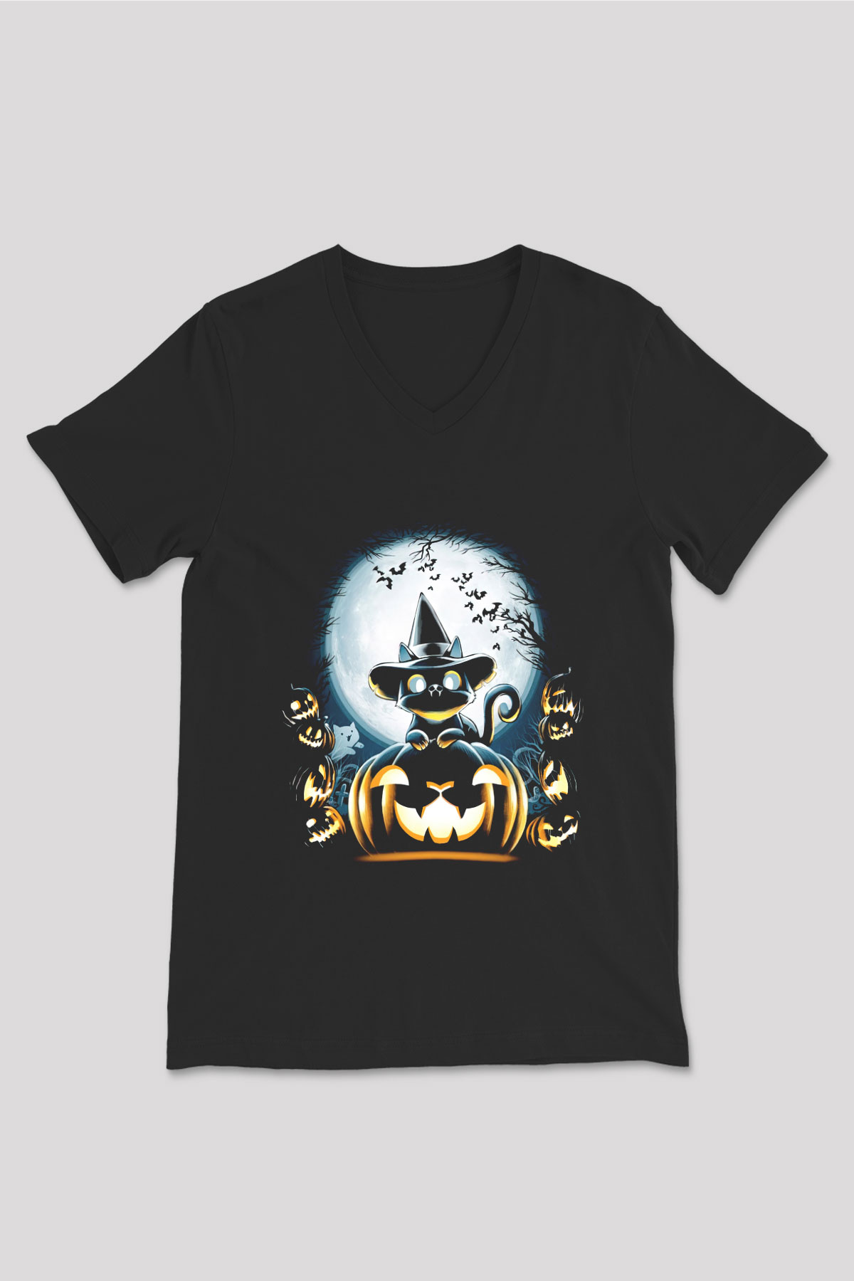 Cadılar Bayramı-Halloween Siyah Unisex V Yaka Tişört