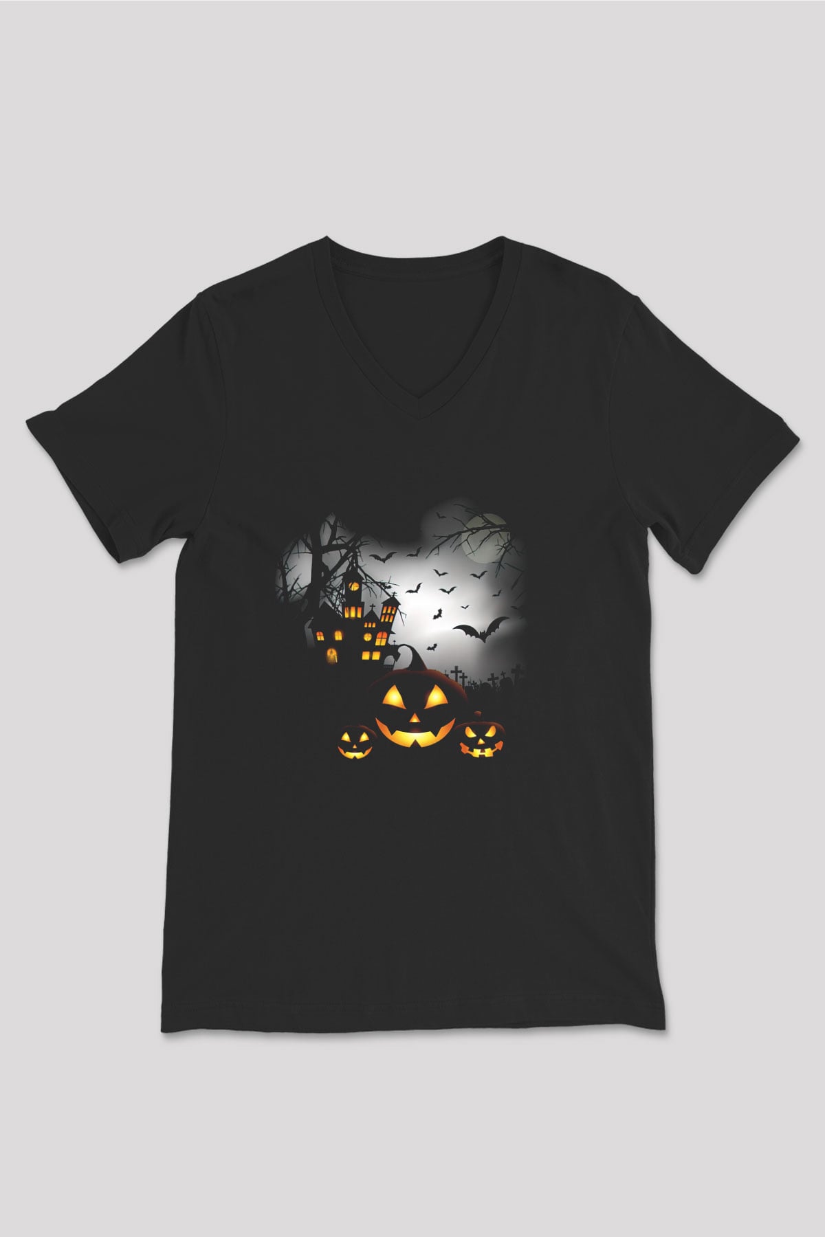 Cadılar Bayramı-Halloween Siyah Unisex V Yaka Tişört T-Shirt