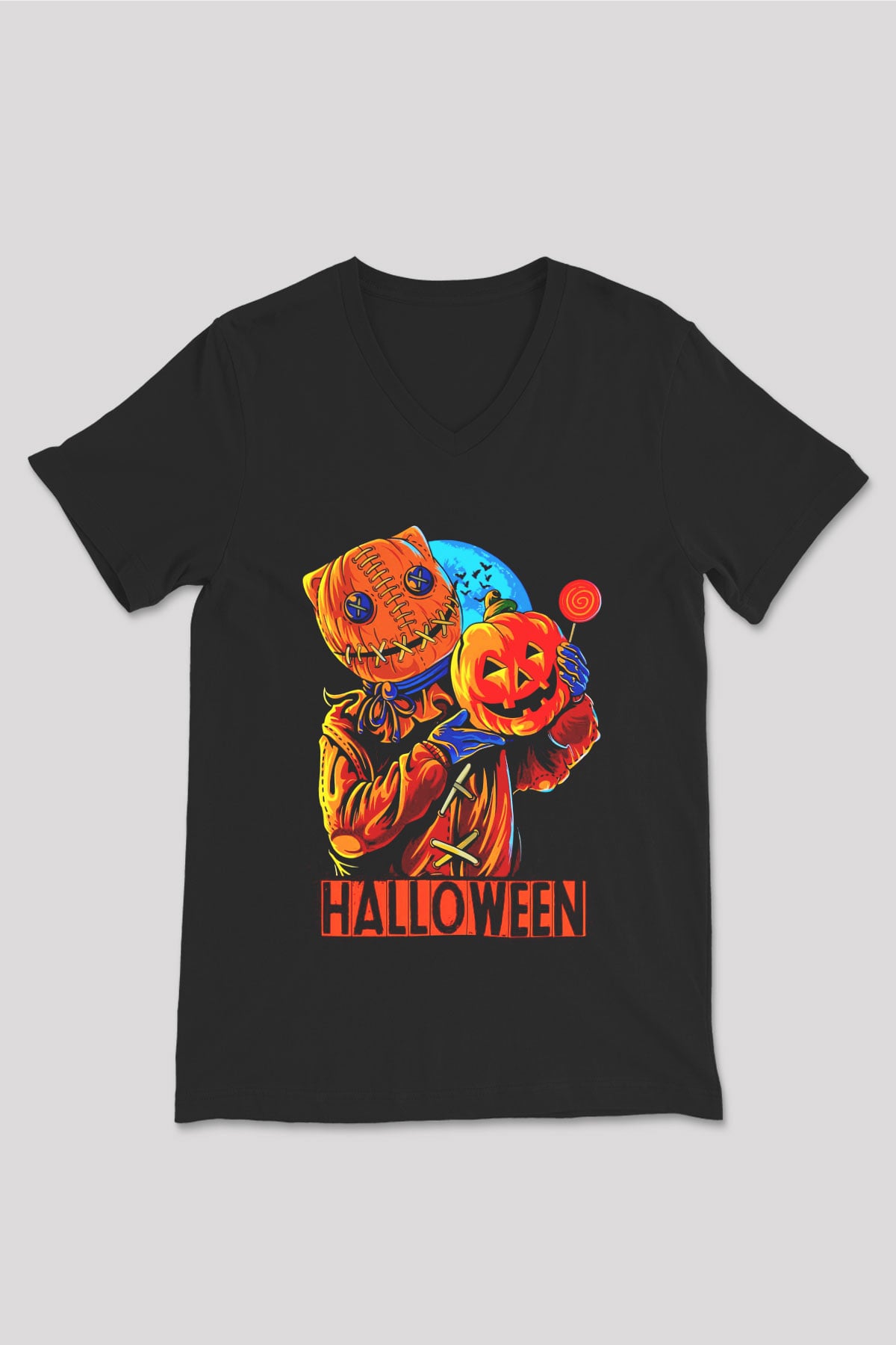Cadılar Bayramı-Halloween Siyah Unisex V Yaka Tişört