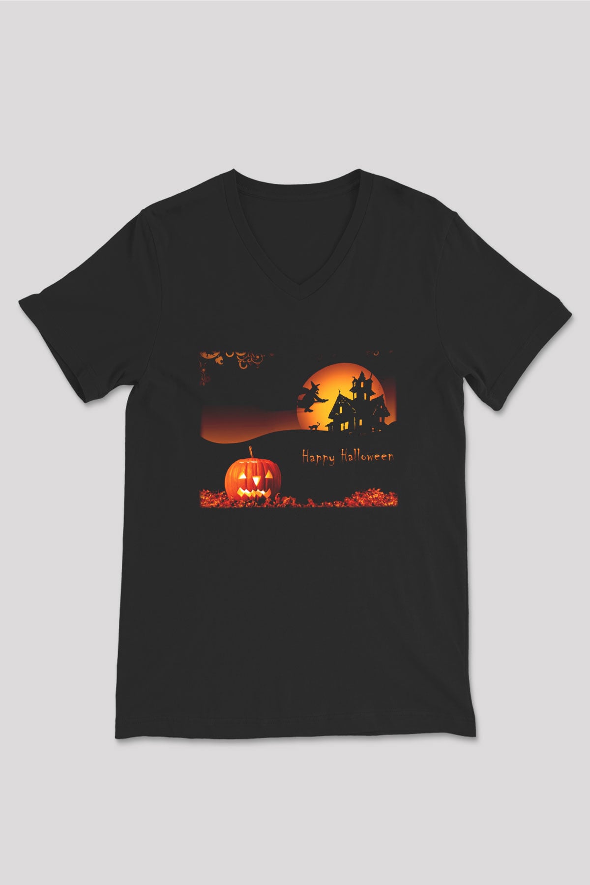 Cadılar Bayramı-Halloween Siyah Unisex V Yaka Tişört T-Shirt