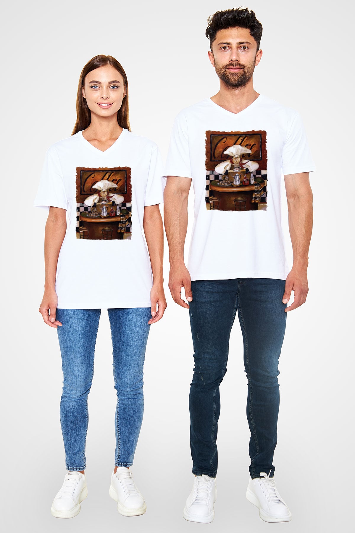 Cafe Beyaz Unisex V Yaka Tişört