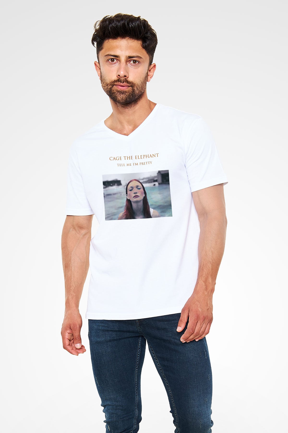 Cage the Elephant Beyaz Unisex V Yaka Tişört T-Shirt