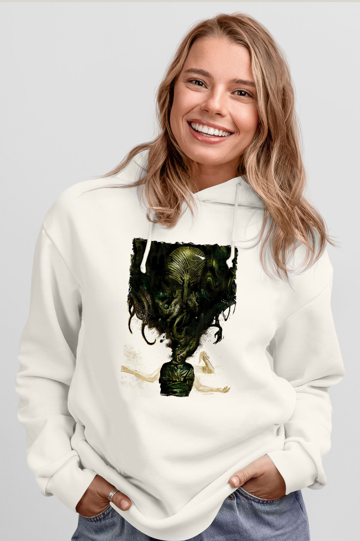 Call Of Ctulhu Baskılı Beyaz Unisex Kapüşonlu Sweatshirt