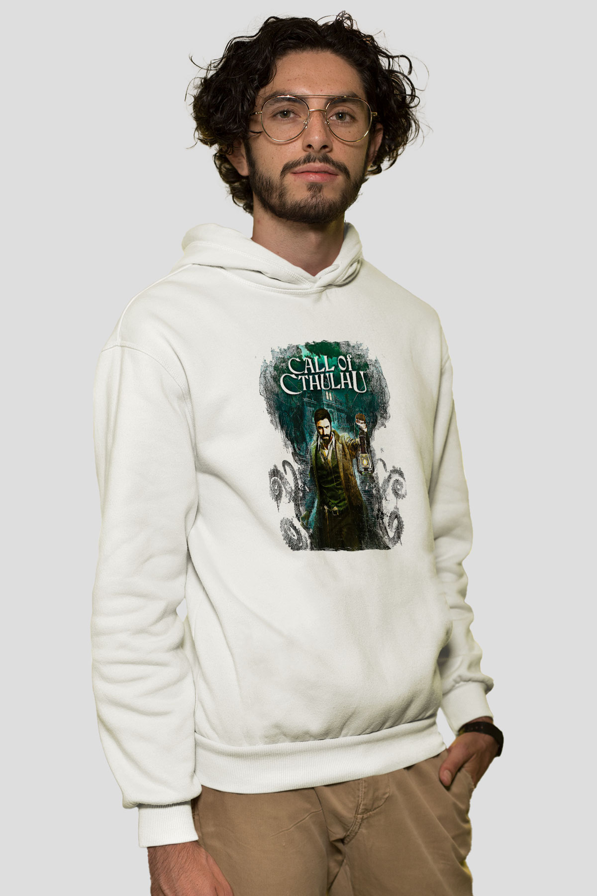 Call Of Ctulhu Baskılı Beyaz Unisex Kapüşonlu Sweatshirt
