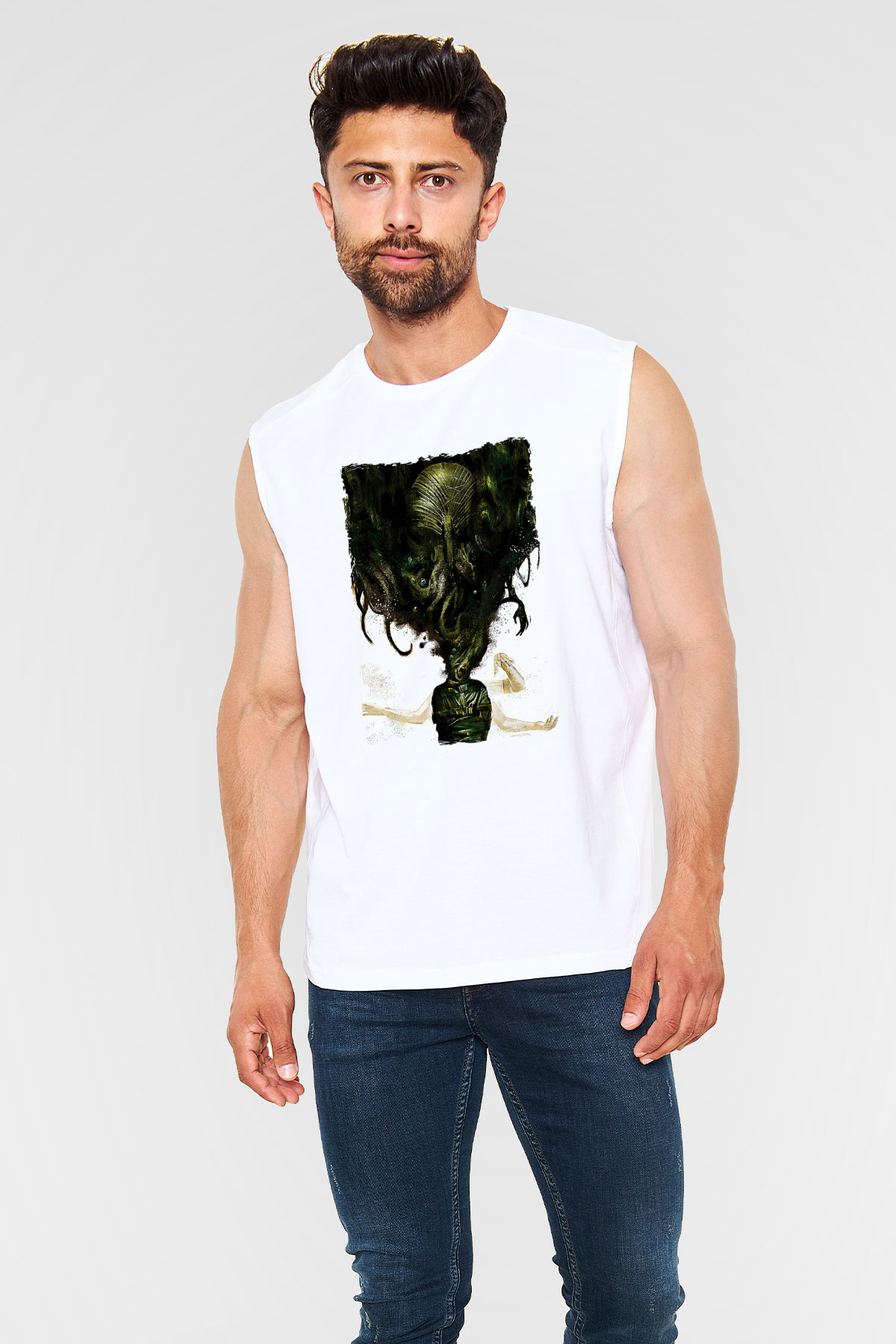 Call Of Ctulhu Baskılı Beyaz Unisex Kolsuz Tişört - Tshirt
