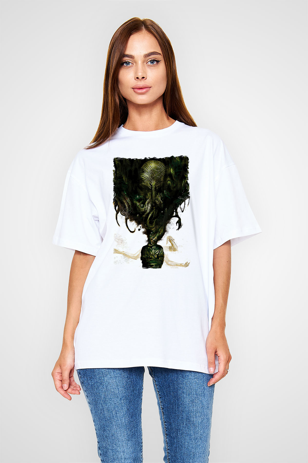 Call Of Ctulhu Baskılı Beyaz Unisex Oversize Tişört - Tshirt