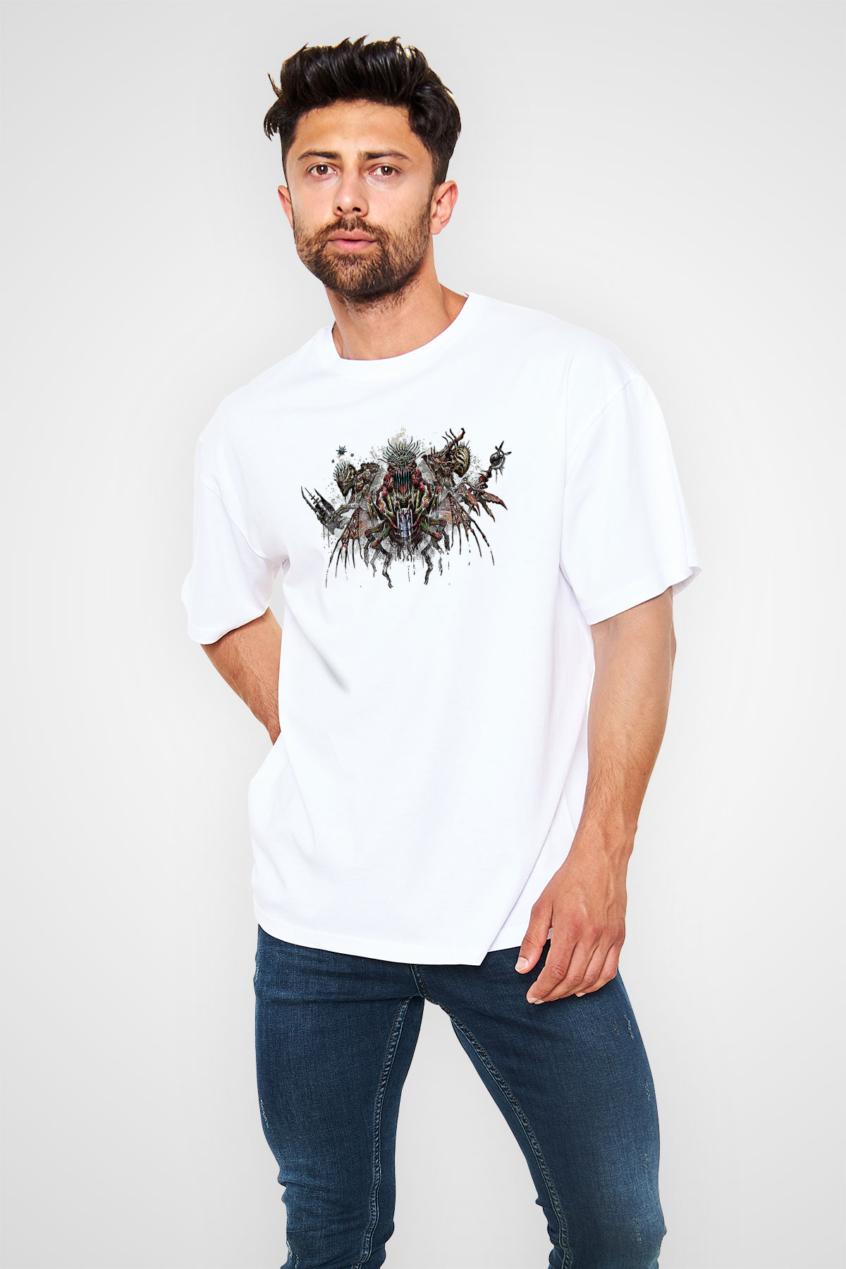 Call Of Ctulhu Baskılı Beyaz Unisex Oversize Tişört - Tshirt