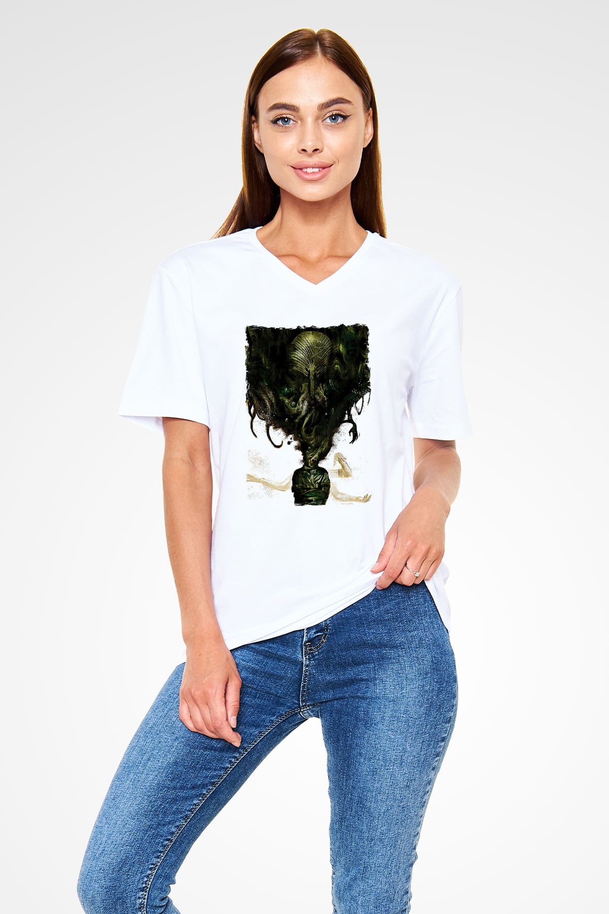 Call Of Ctulhu Baskılı Beyaz Unisex V Yaka Tişört - Tshirt