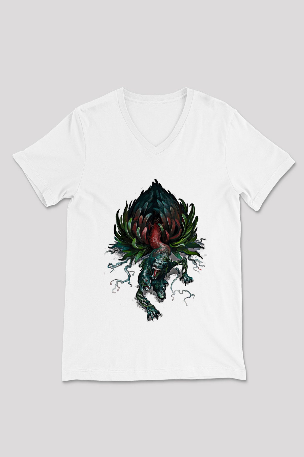 Call Of Ctulhu Baskılı Beyaz Unisex V Yaka Tişört - Tshirt