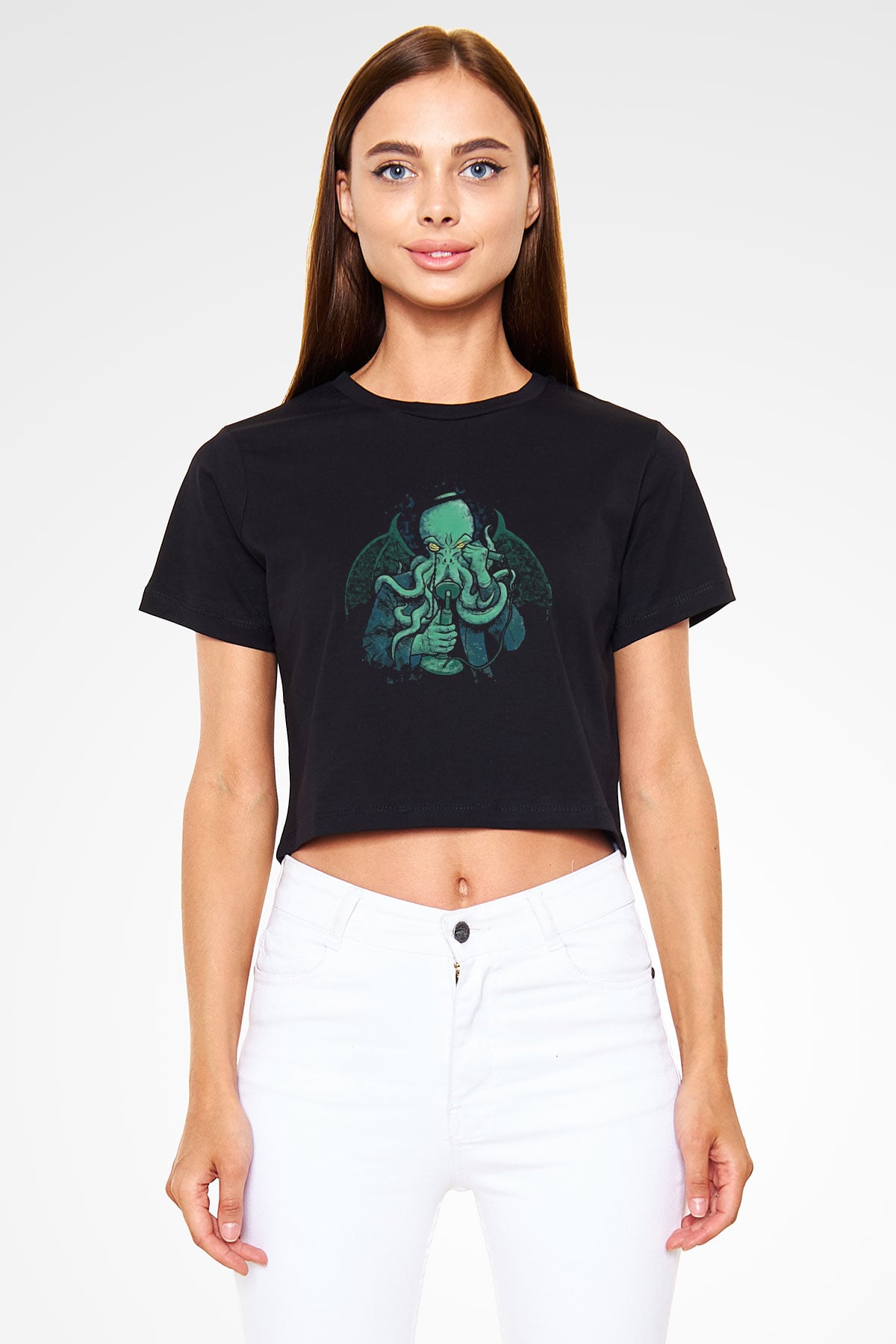 Call Of Ctulhu Baskılı Siyah Crop Top Kadın Tişört - Tshirt
