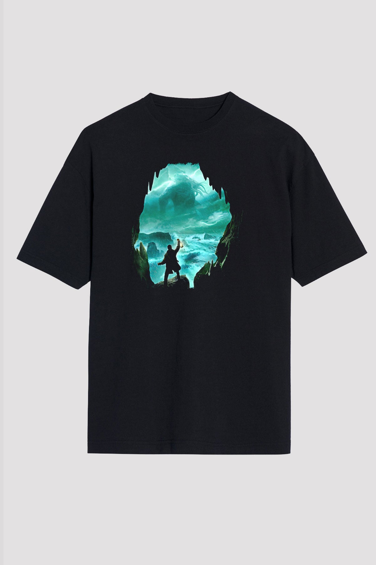 Call Of Ctulhu Baskılı Unisex Siyah Oversize Tişört - Tshirt