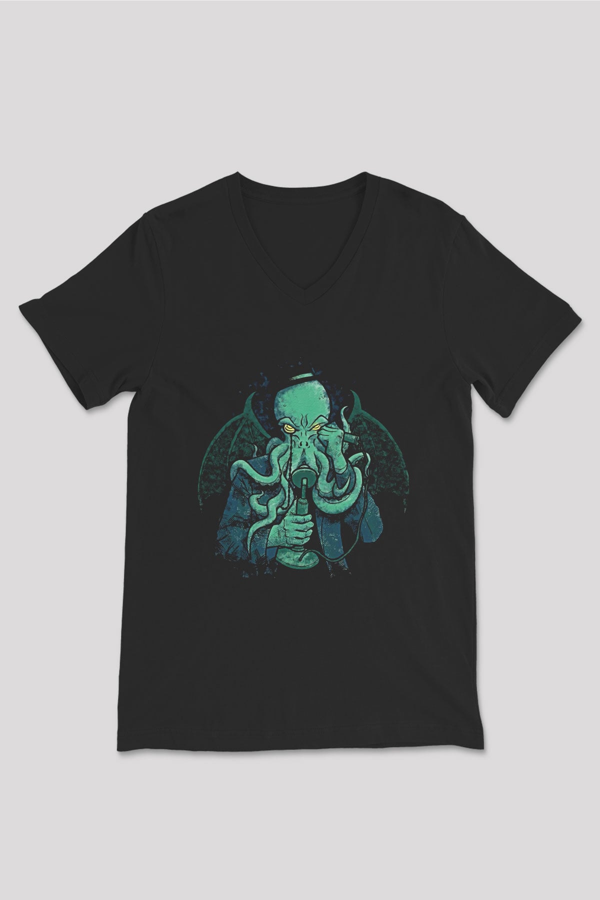 Call Of Ctulhu Baskılı Unisex Siyah V Yaka Tişört - Tshirt