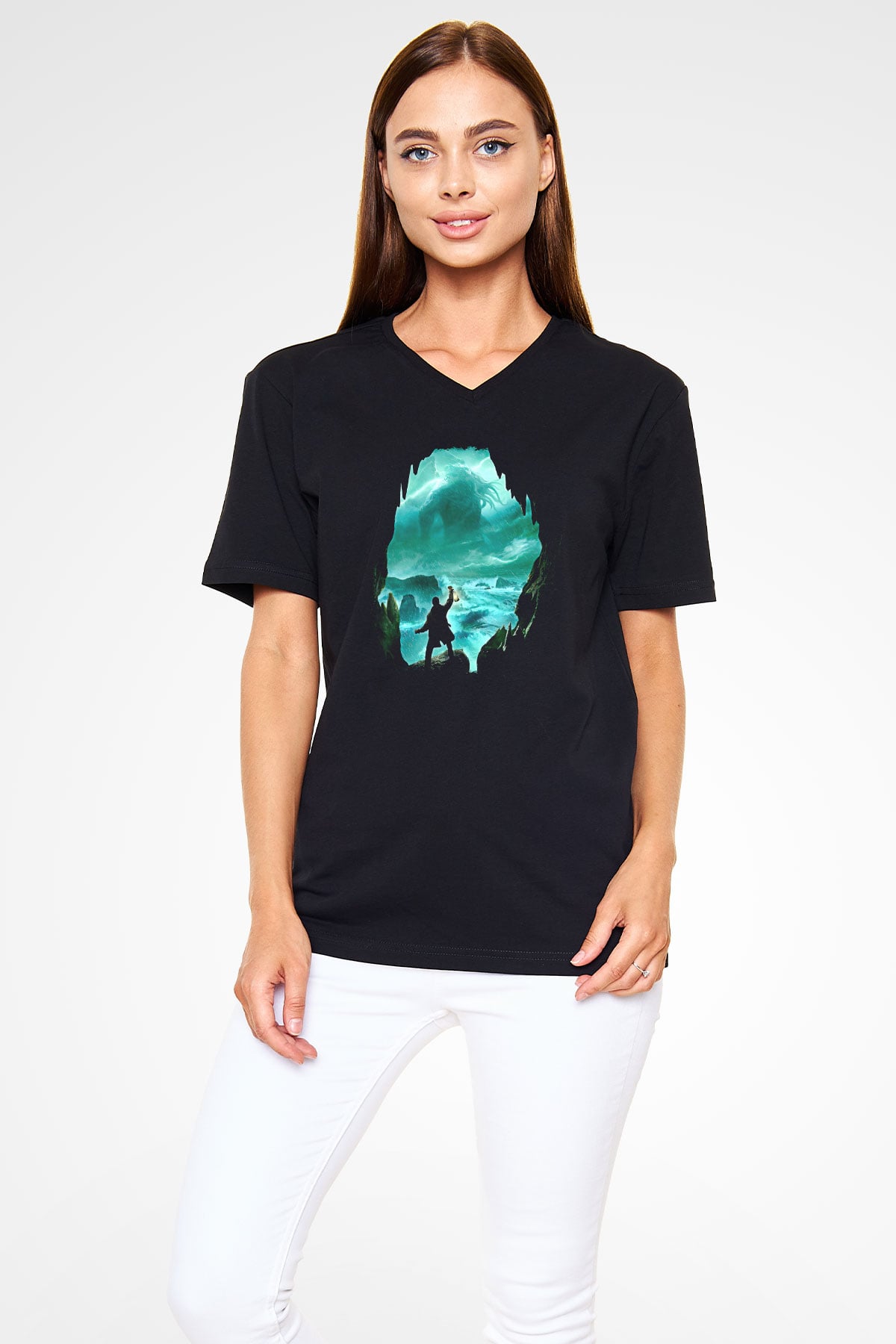 Call Of Ctulhu Baskılı Unisex Siyah V Yaka Tişört - Tshirt