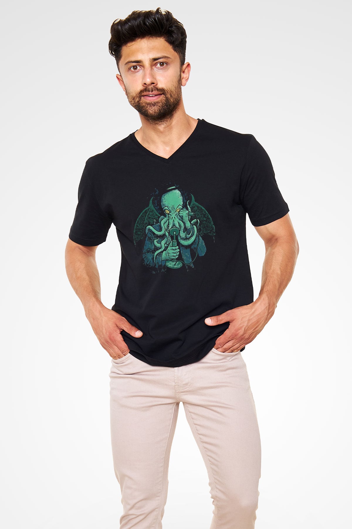 Call Of Ctulhu Baskılı Unisex Siyah V Yaka Tişört - Tshirt