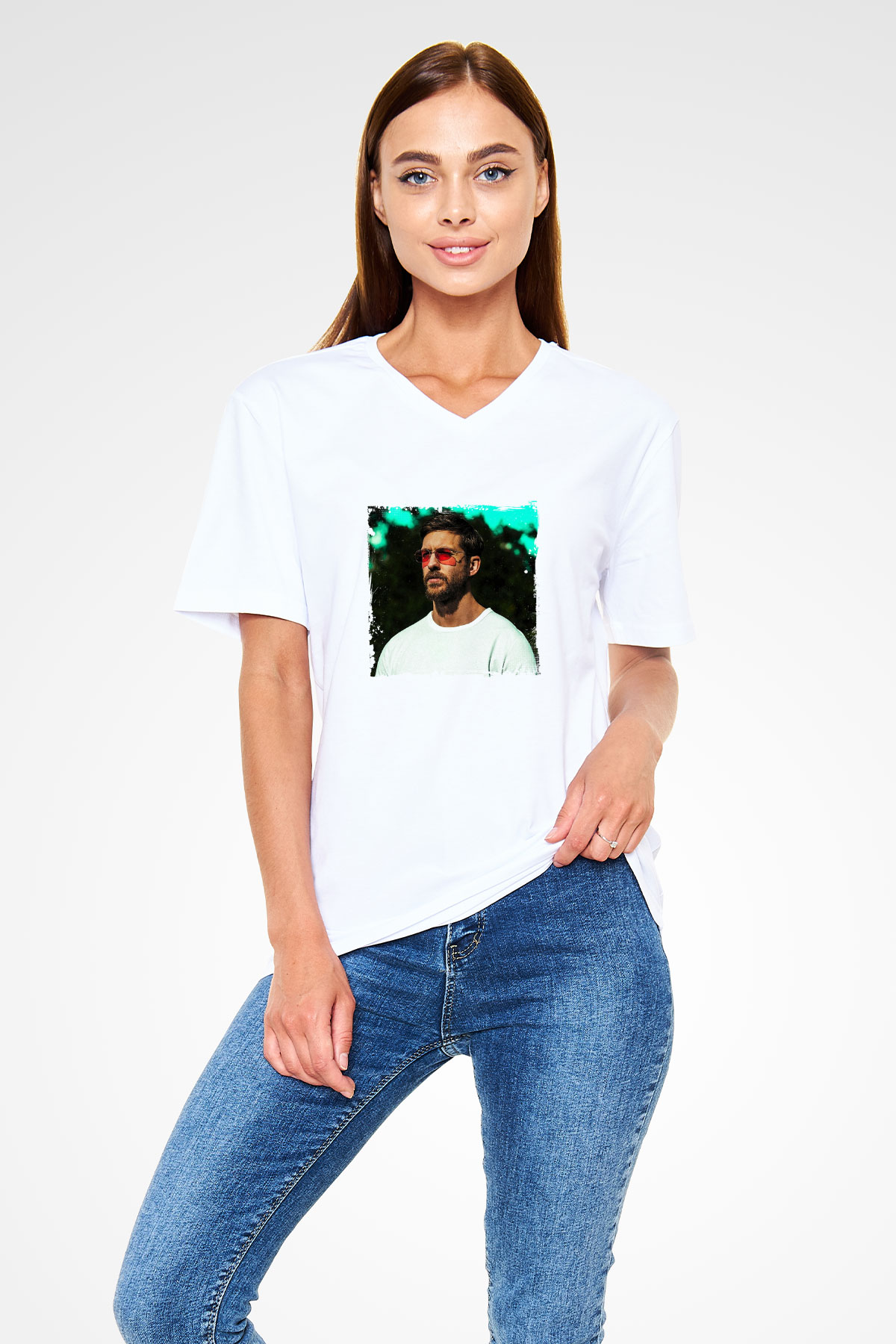 Calvin Harris Baskılı Beyaz V Yaka Unisex Tişört