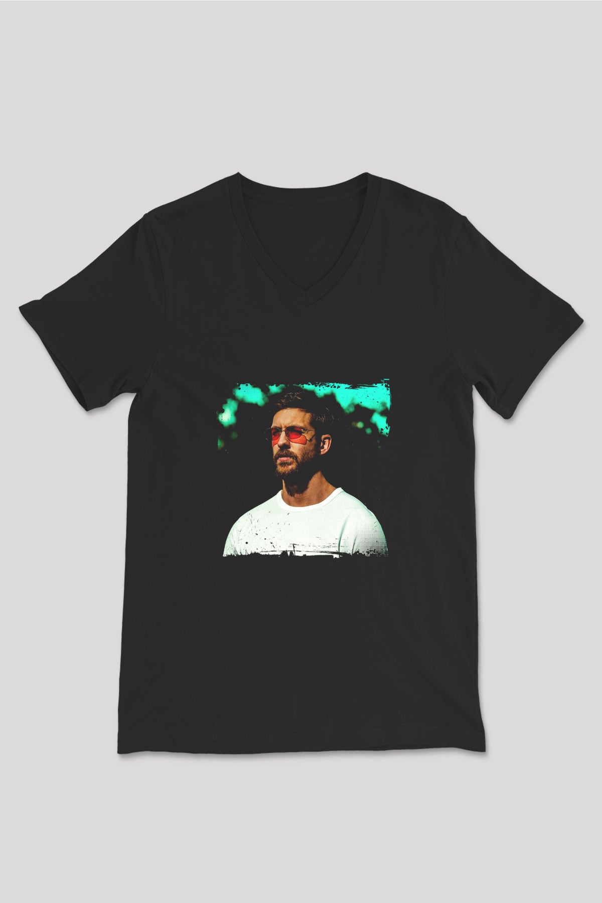 Calvin Harris Baskılı Unisex Siyah V Yaka Tişört