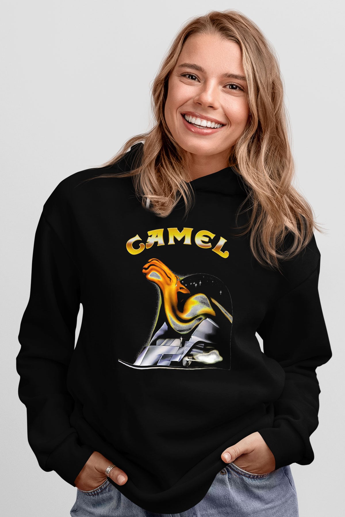 Camel Baskılı Unisex Siyah Kapüşonlu Sweatshirt
