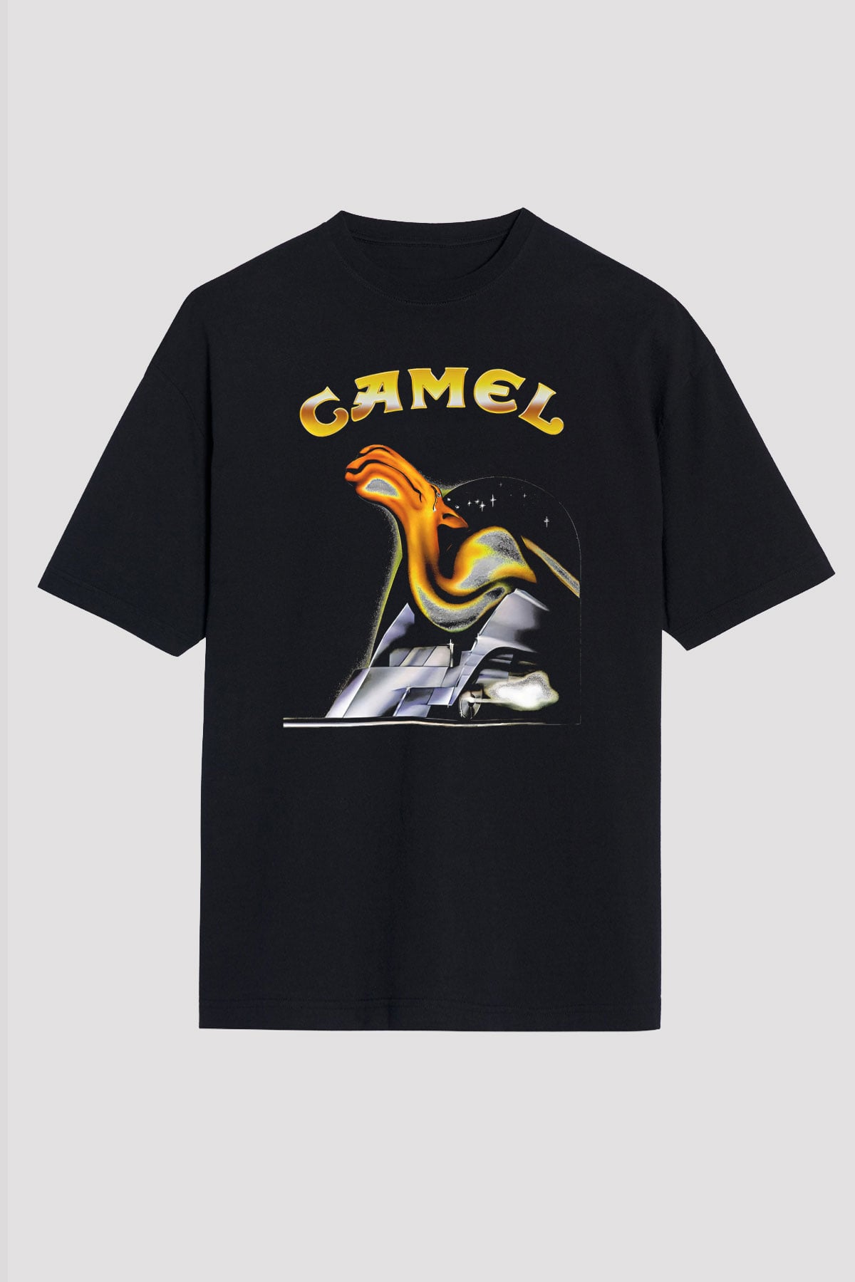 Camel Baskılı Unisex Siyah Oversize Tişört - Tshirt