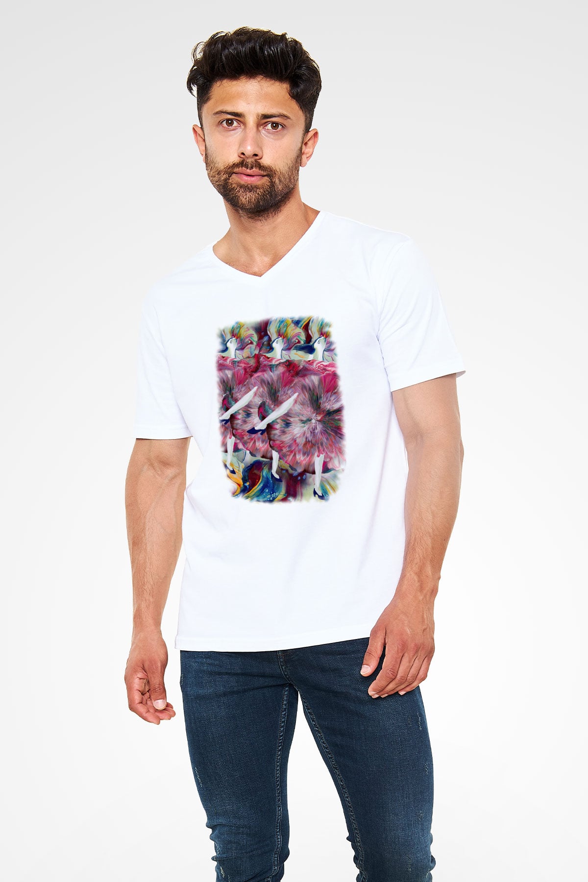 Cancan Beyaz Unisex V Yaka Tişört