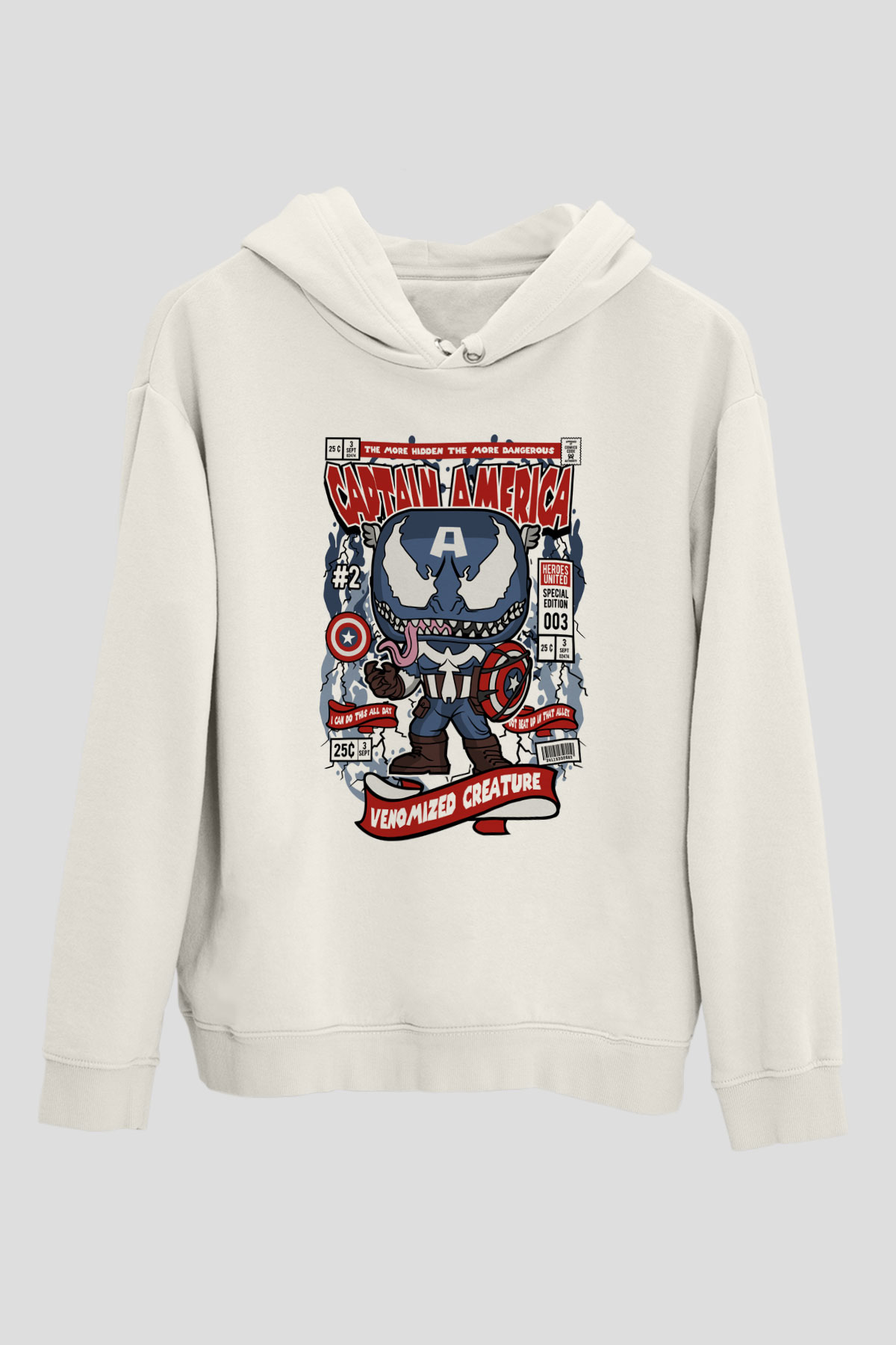 Captain America Baskılı Unisex Beyaz Hoodie