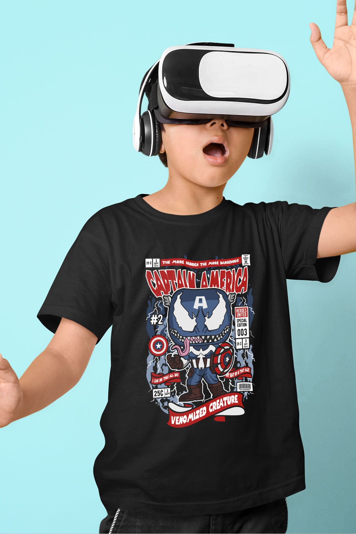 Captain Amerika Baskılı Unisex Siyah Çocuk Tişört