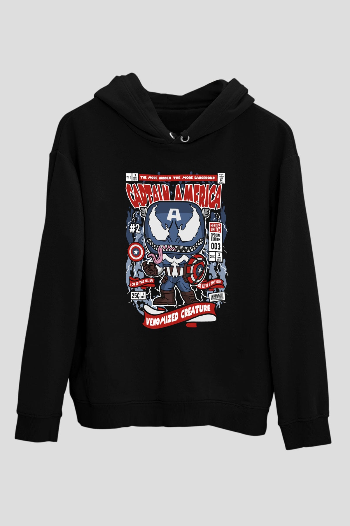 Captain Amerika Baskılı Unisex Siyah Hoodie