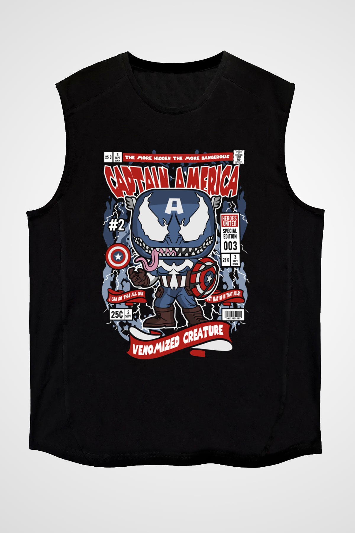 Captain Amerika Baskılı Unisex Siyah Kolsuz Tişört