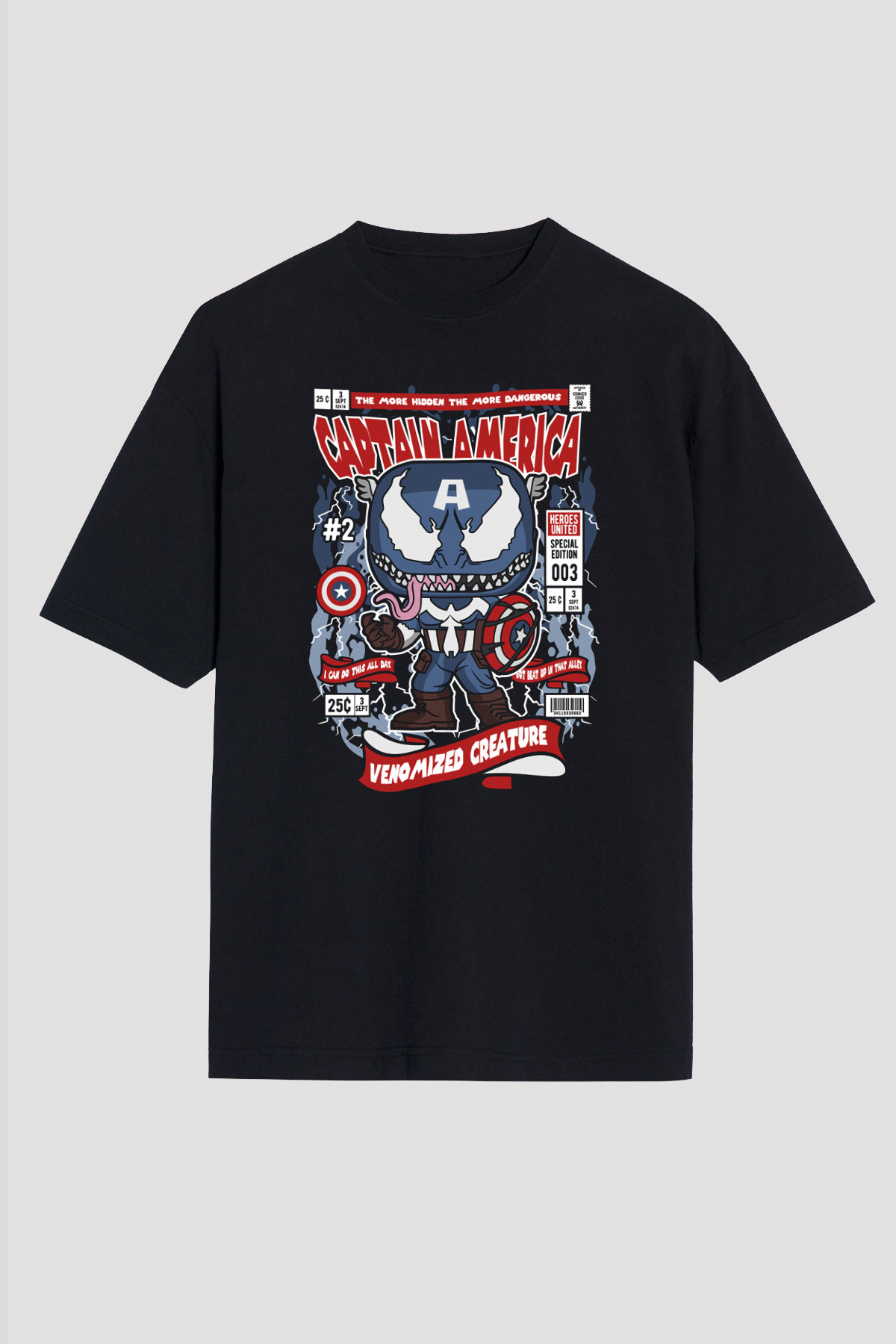Captain Amerika Baskılı Unisex Siyah Oversize Tişört