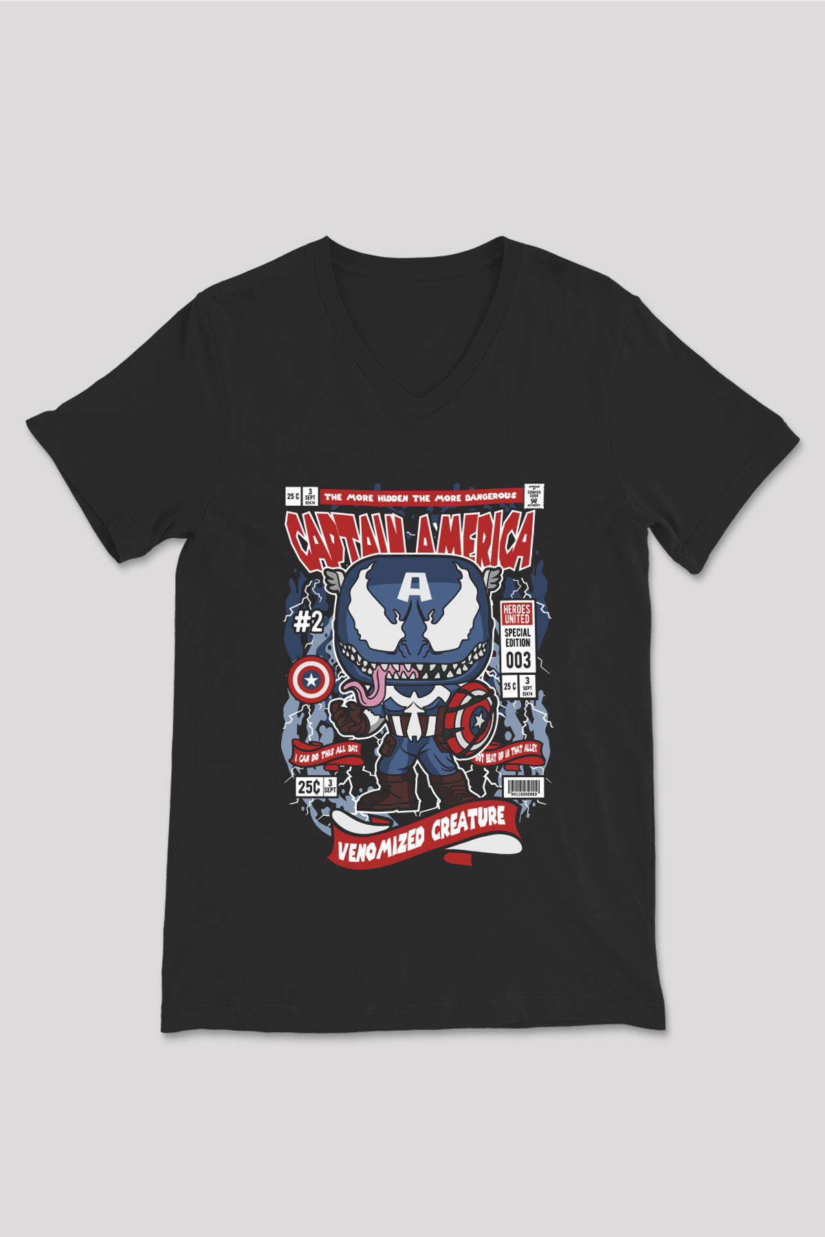 Captain Amerika Baskılı Unisex Siyah V Yaka Tişört