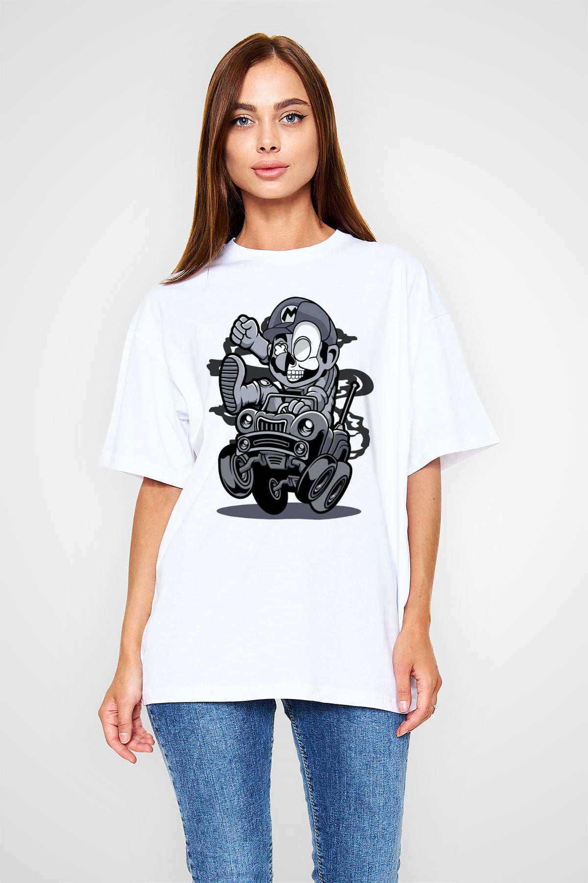 Car Racer Mario Baskılı Unisex Beyaz Oversize Tişört