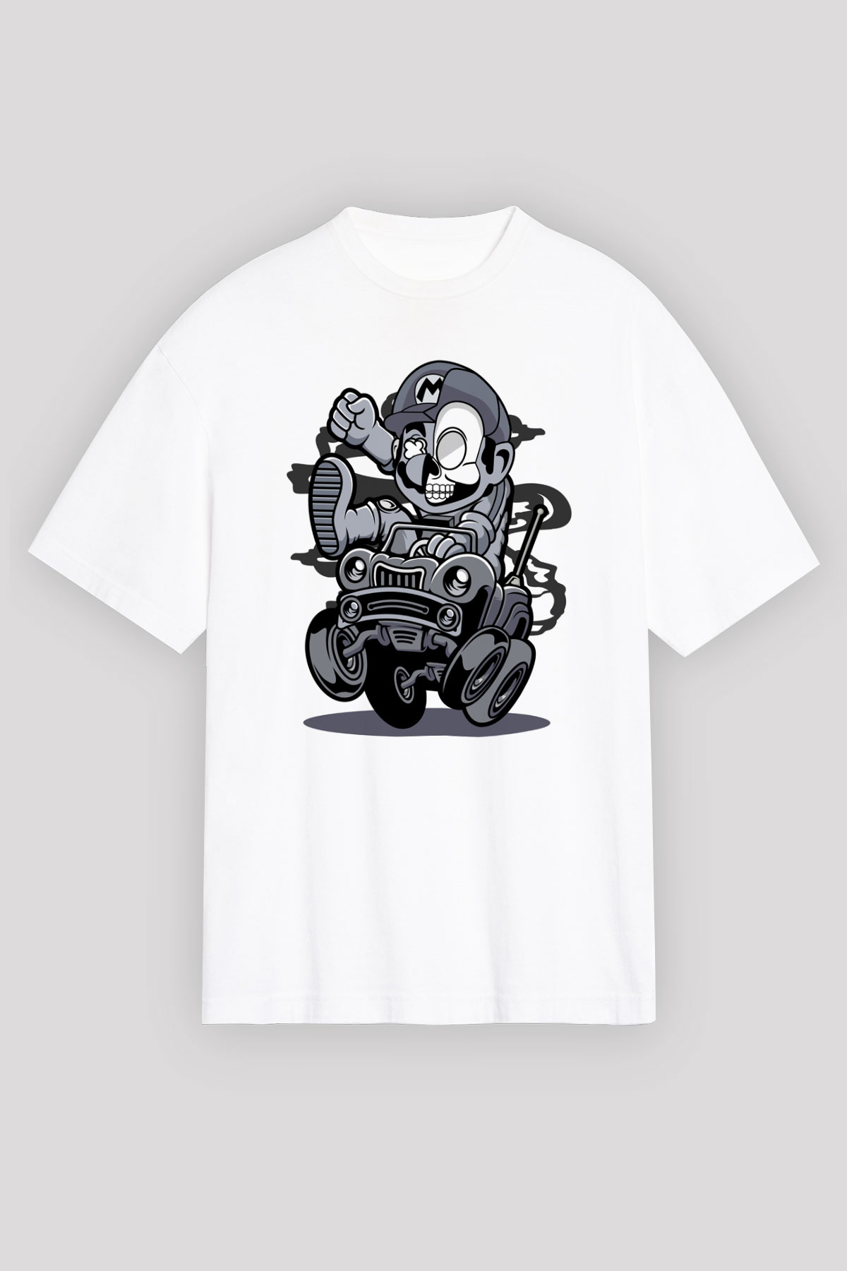 Car Racer Mario Baskılı Unisex Beyaz Oversize Tişört