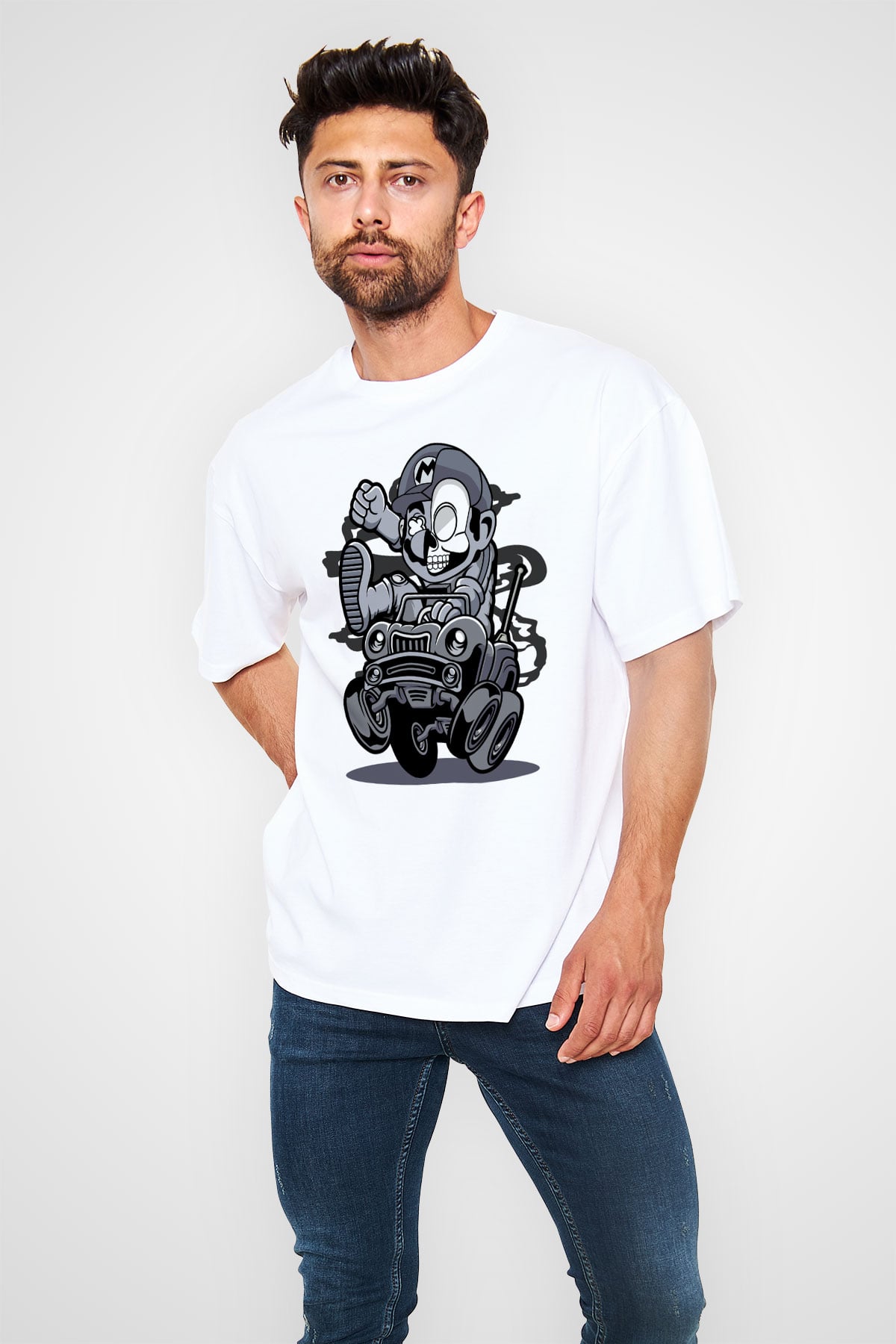 Car Racer Mario Baskılı Unisex Beyaz Oversize Tişört