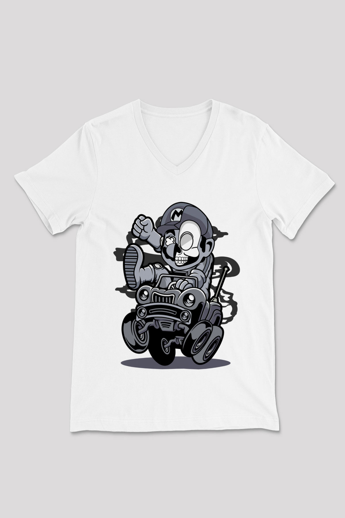 Car Racer Mario Baskılı Unisex Beyaz V Yaka Tişört