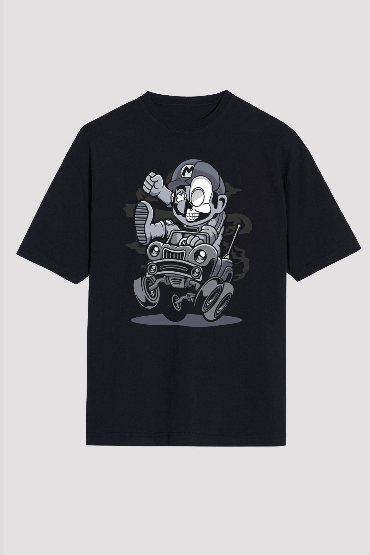 Car Racer Mario Baskılı Unisex Siyah Oversize Tişört