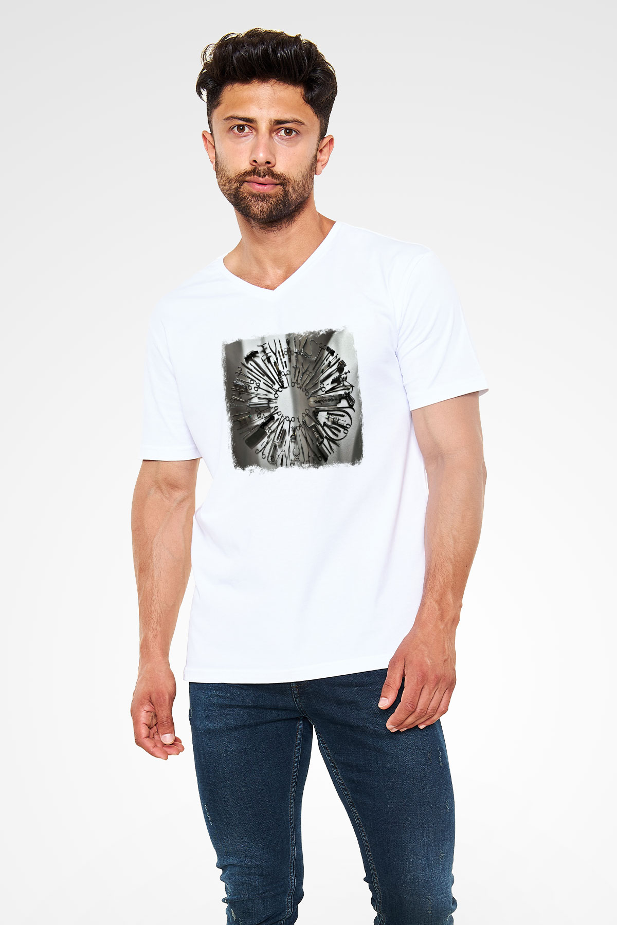 Carcass Baskılı Unisex Beyaz V Yaka Tişört